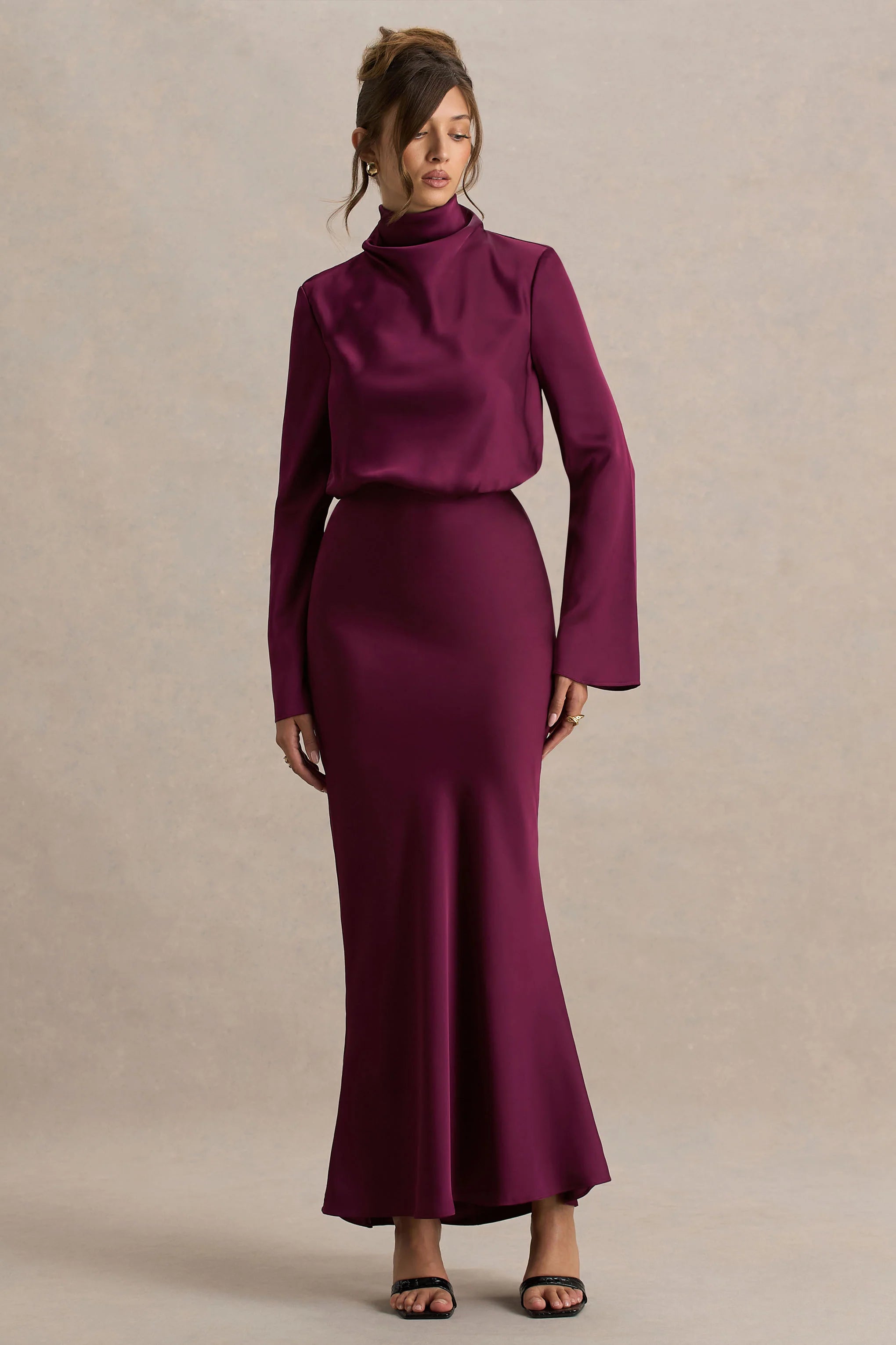 Celina Burgundy Satin High Neck Maxi Dress