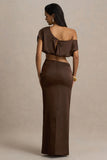 Megan Brown Satin Wrap Maxi Skirt With Gathered Detailing
