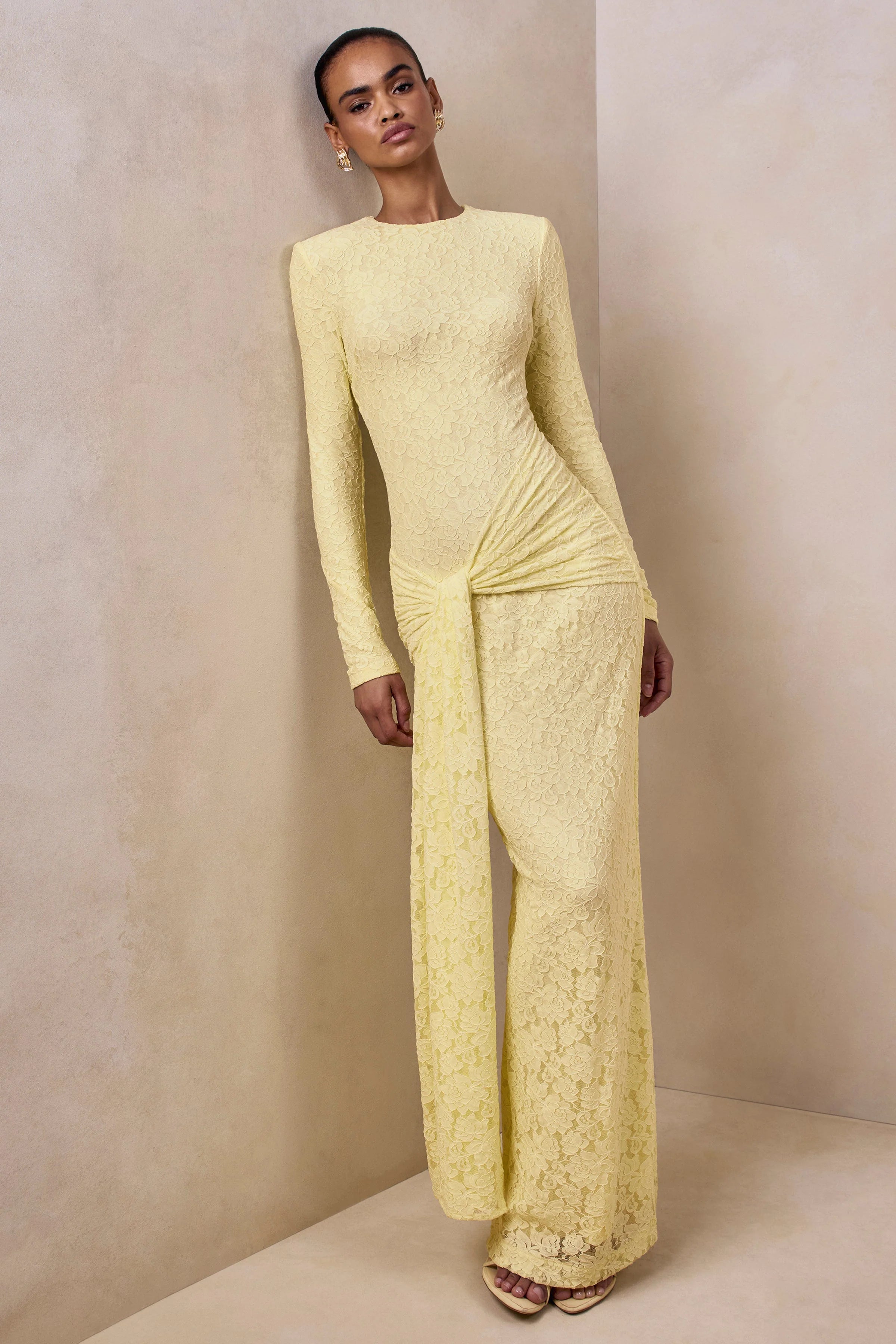 Evangela Lemon Lace Crew Neck Maxi Dress With Wrap Detail