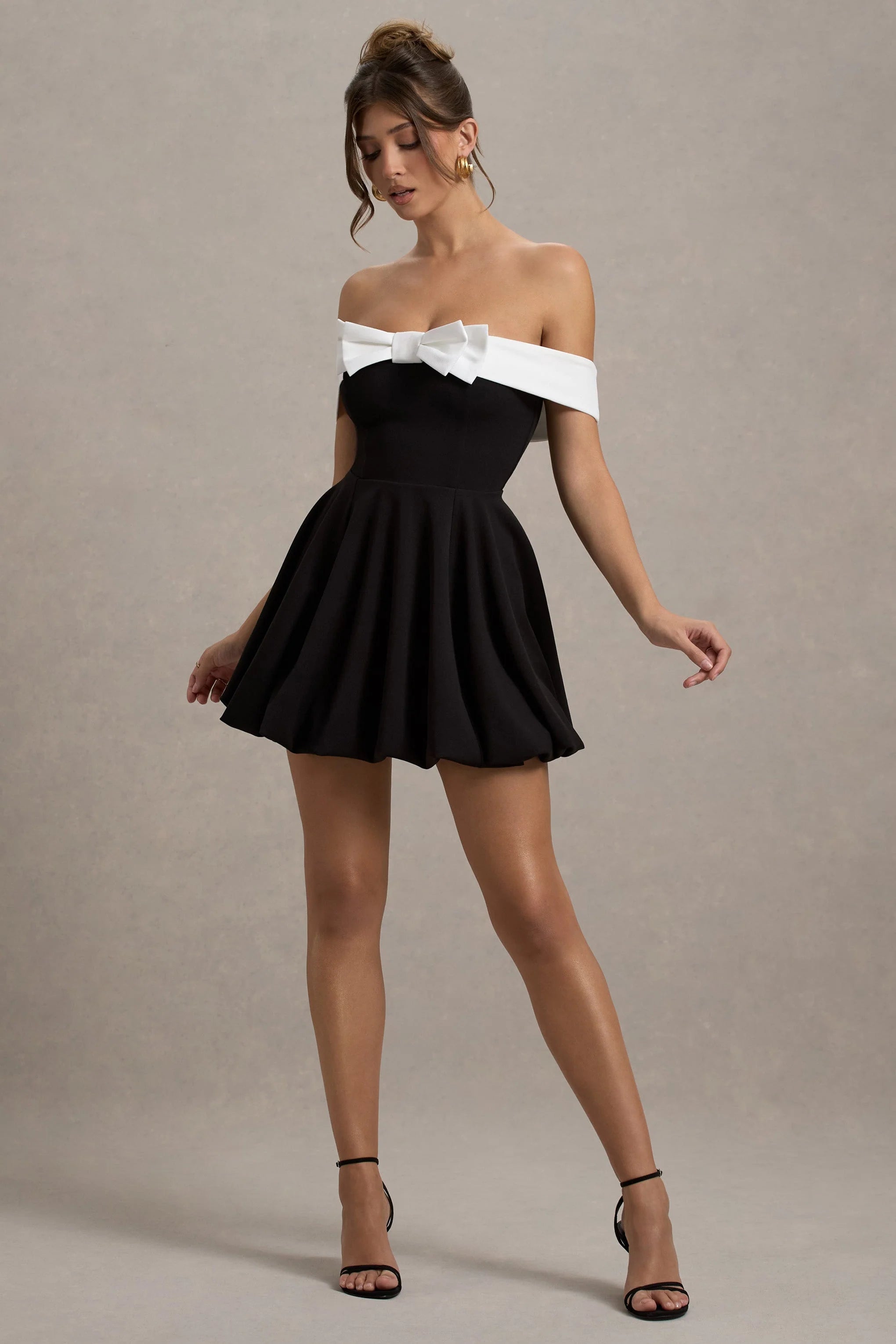 Minimoiselle Black White Bow Bardot Mini Dress With Puff Ball Skirt