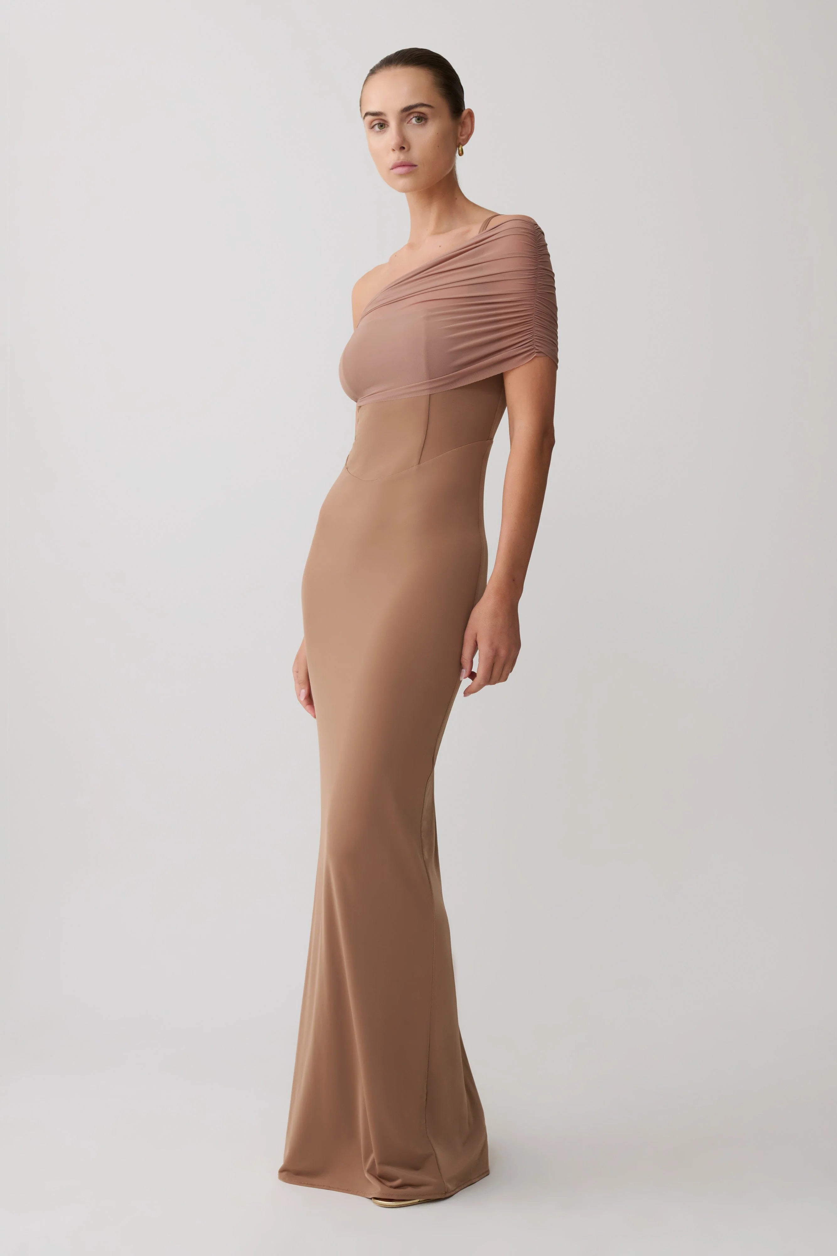 Hanh One Shoulder Mesh Maxi Dress Tan