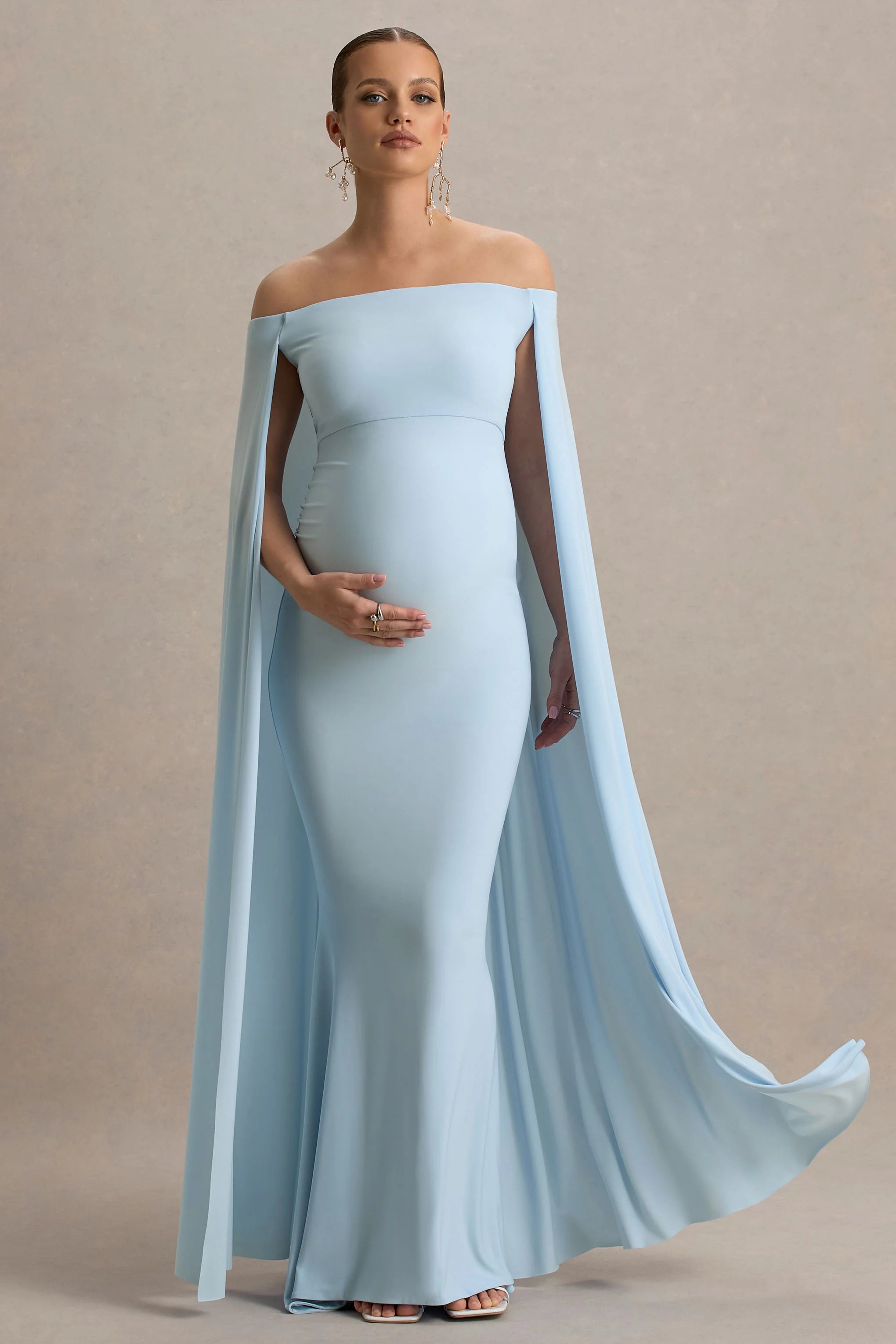 Radiance Powder Blue Bardot Maternity Maxi Dress With Cape