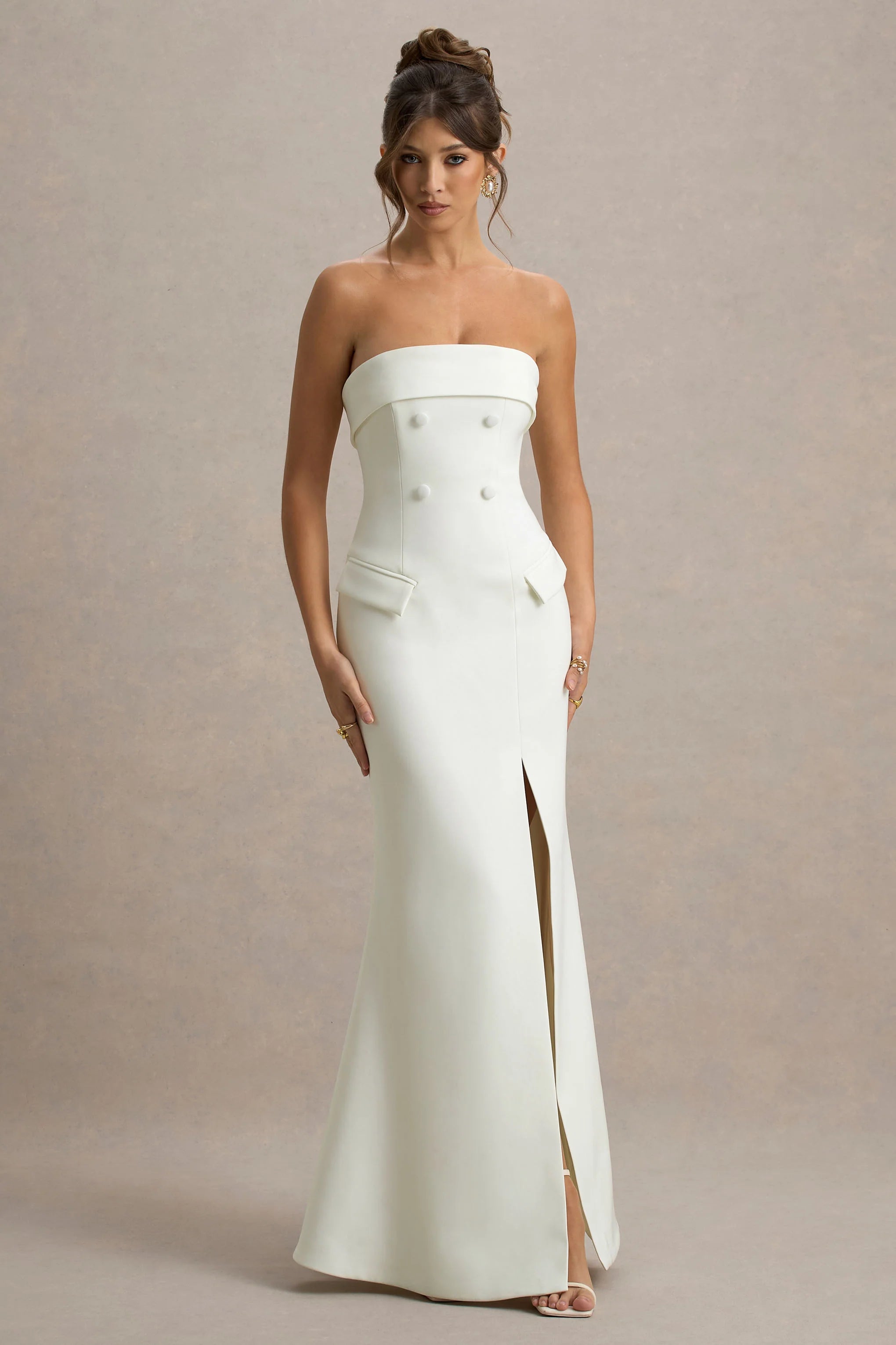 Lucia Cream Bandeau Tailored Maxi Dress With Split