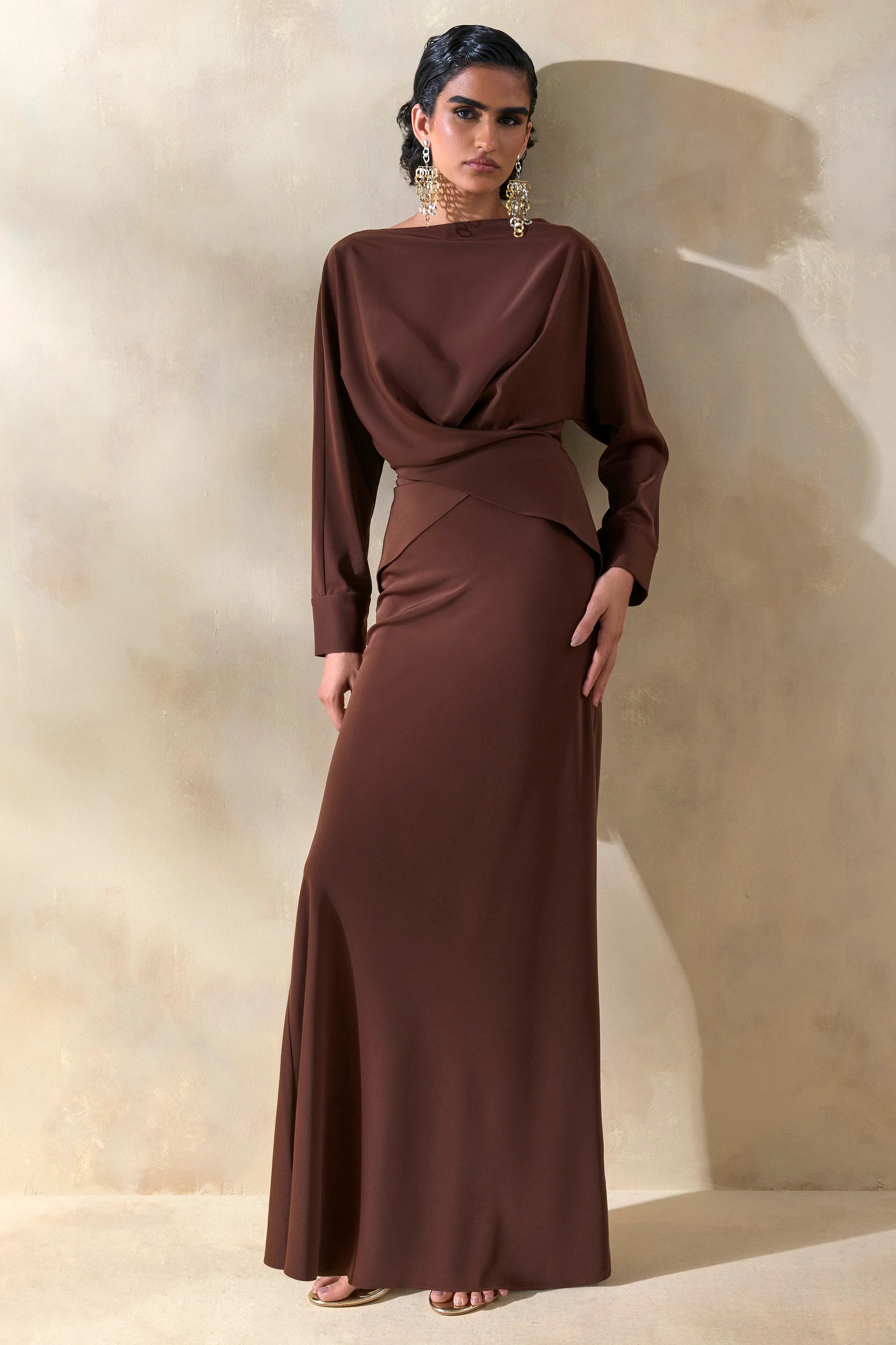 Elaria Brown Satin Maxi Skirt