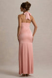 Sansa Light Pink Satin Cross Halter Neck Plisse Maxi Dress