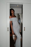 Arna Off Shoulder Diamante Maxi Dress Silver