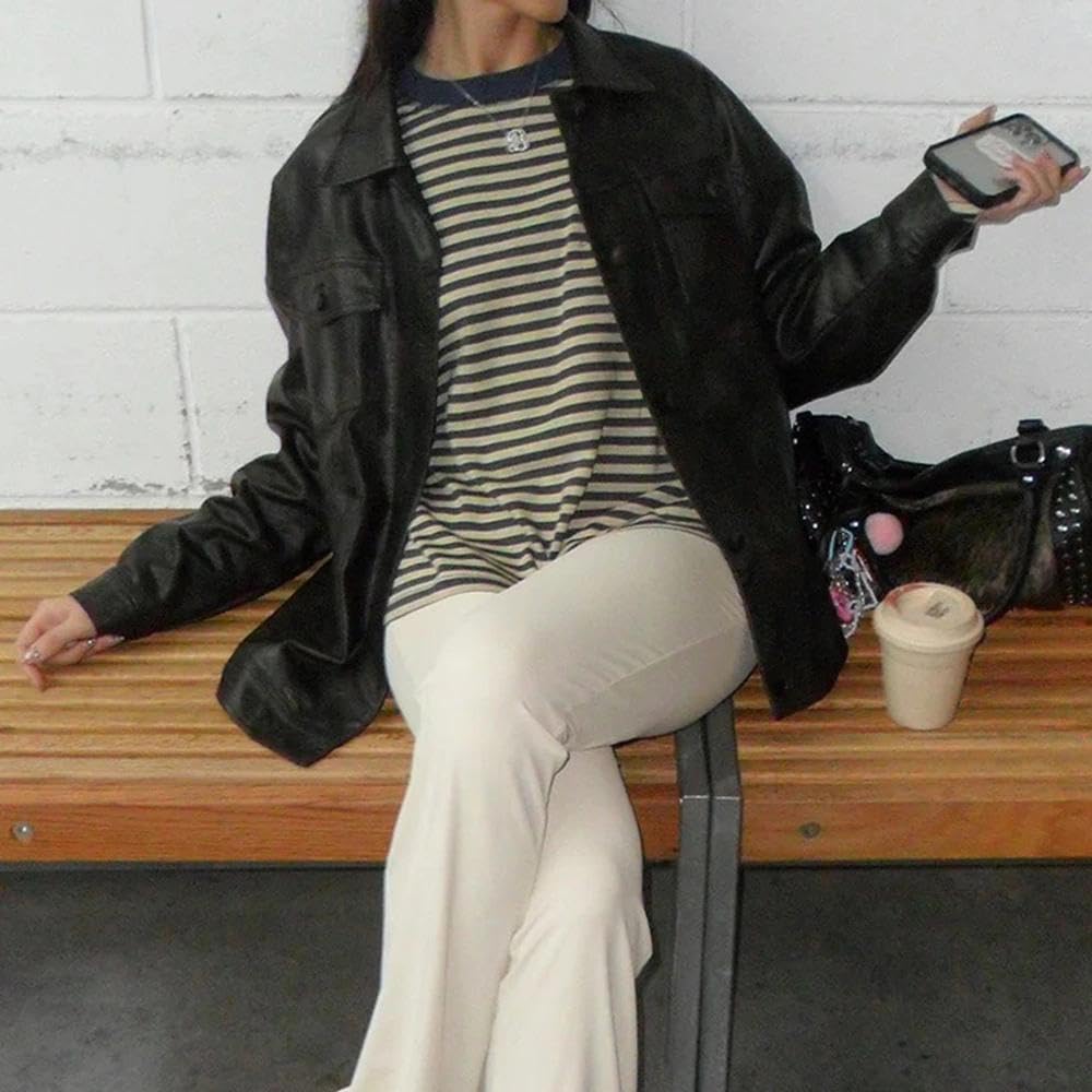 Women Striped Long Sleeve Shirt Crewneck Cropped Pullover Top Fall Winter Vintage Sweatshirt Streetwear