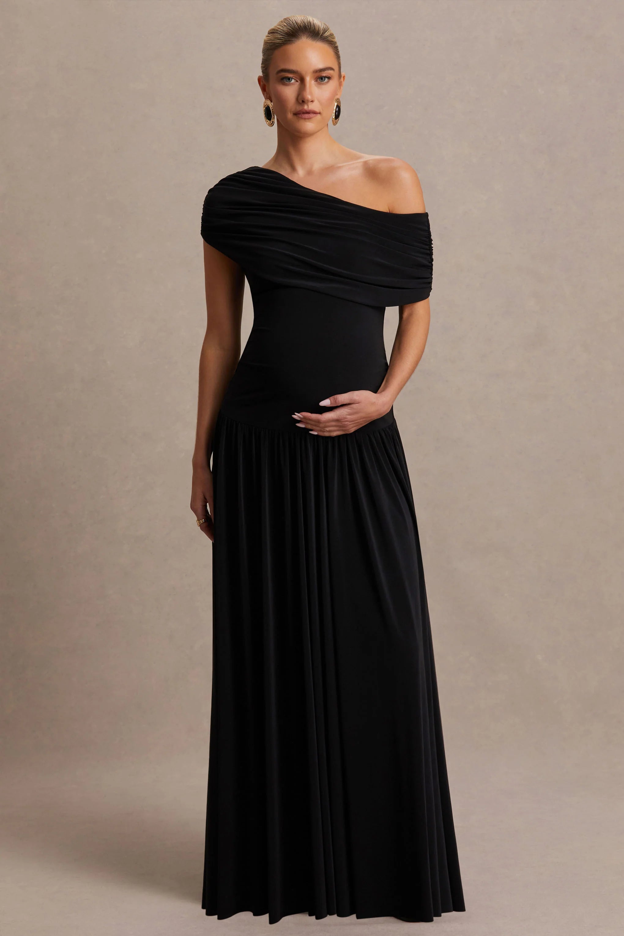 Noah Black Asymmetric Neck Maternity Maxi Dress With Drop Waist