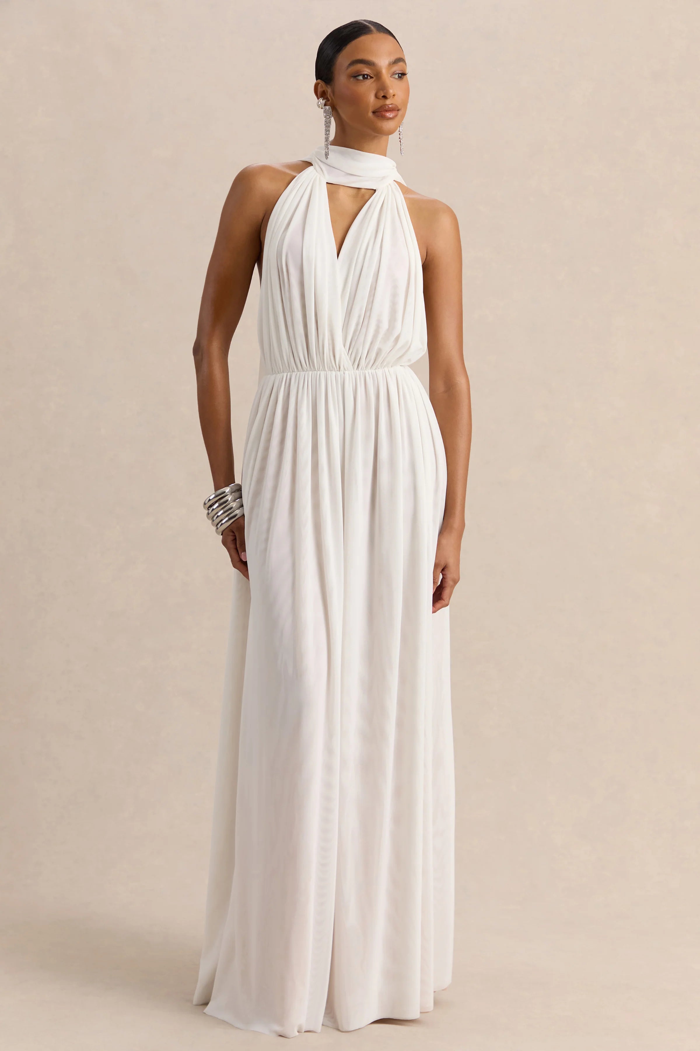 Rylina White Mesh Halter Neck Maxi Dress With Scarf And Open Back
