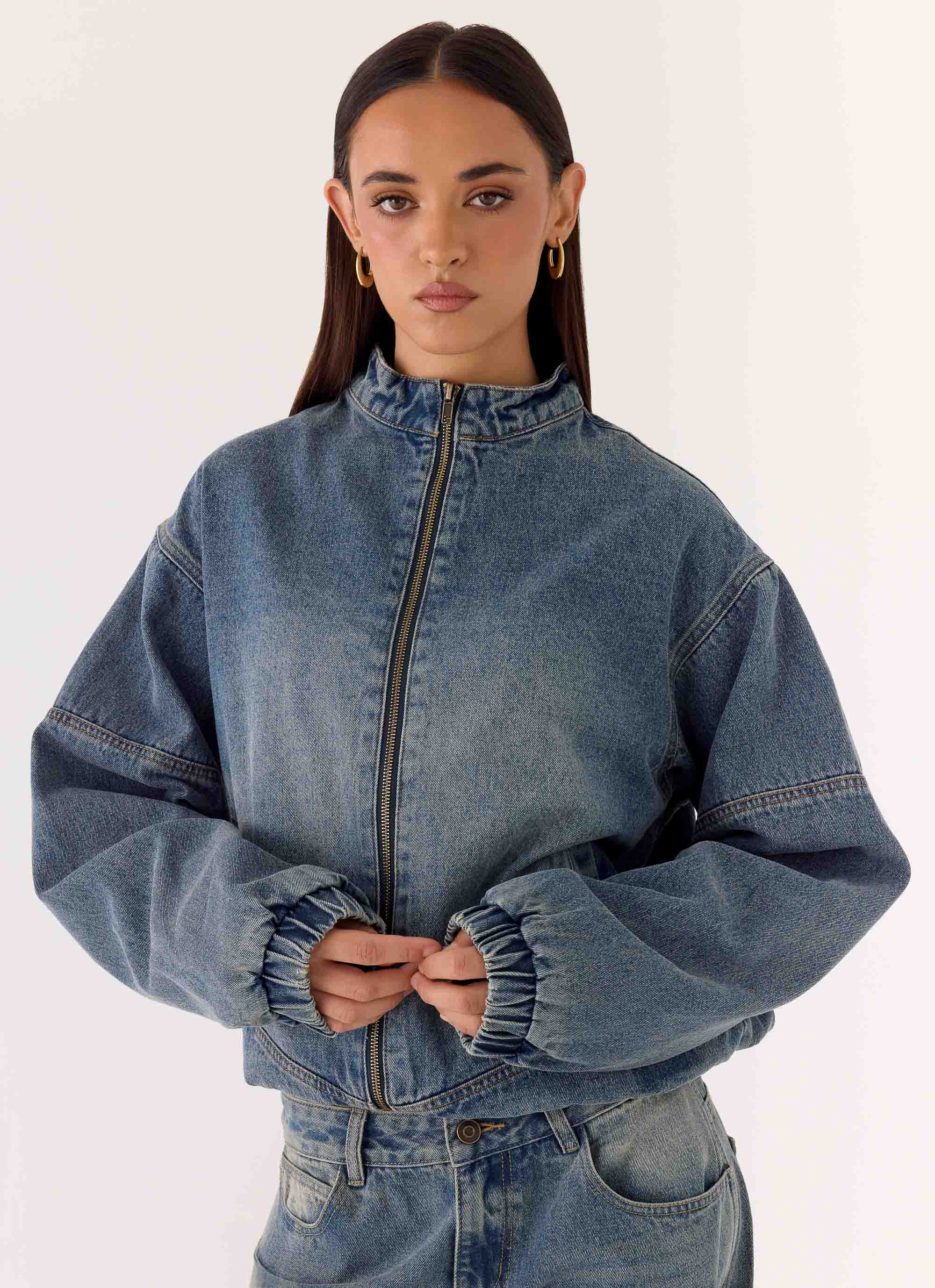 Waylon Denim Bomber Jacket Mid Wash Blue
