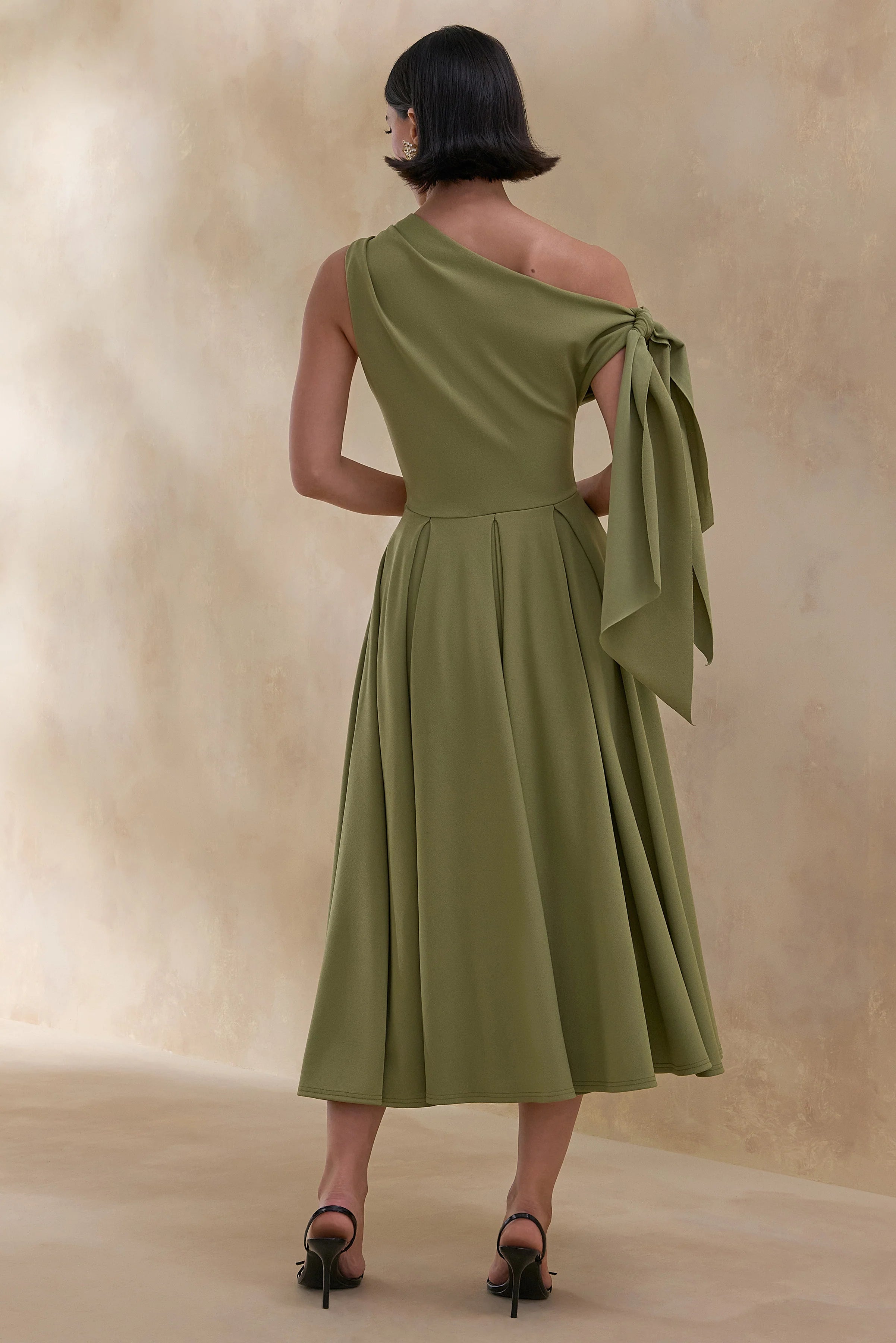 Daring Olive Asymmetric Neck Midi Dress With Knot Detail
