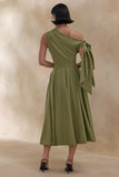 Daring Olive Asymmetric Neck Midi Dress With Knot Detail