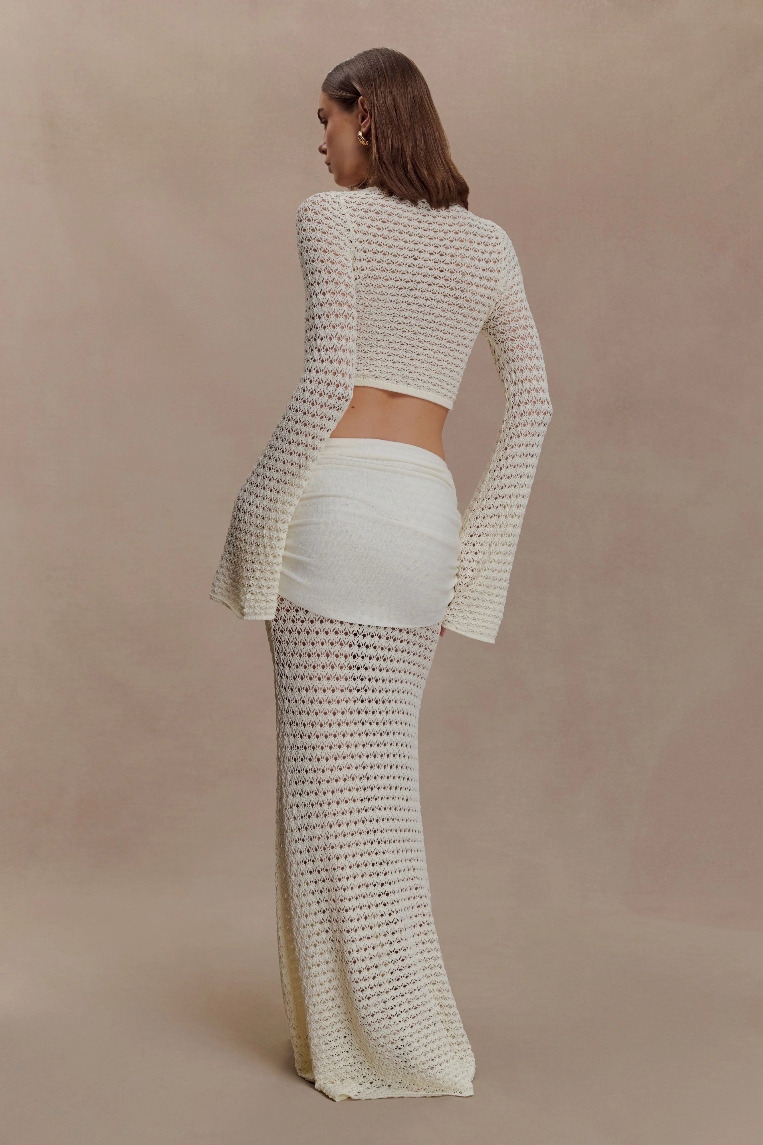 Mania Crochet Long Sleeve Cropped Top Ivory