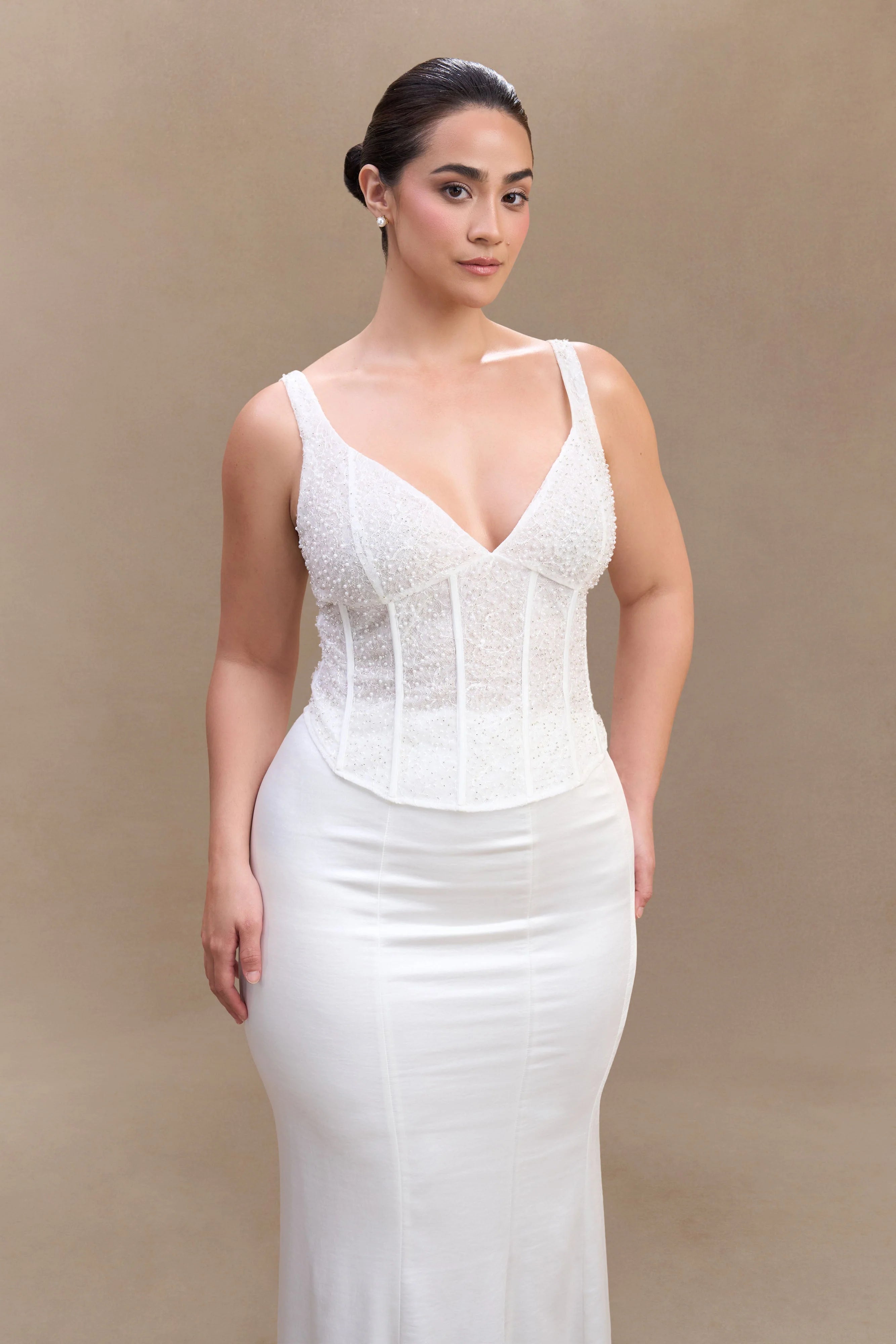 Elsie Pearl Beaded Bustier Top White