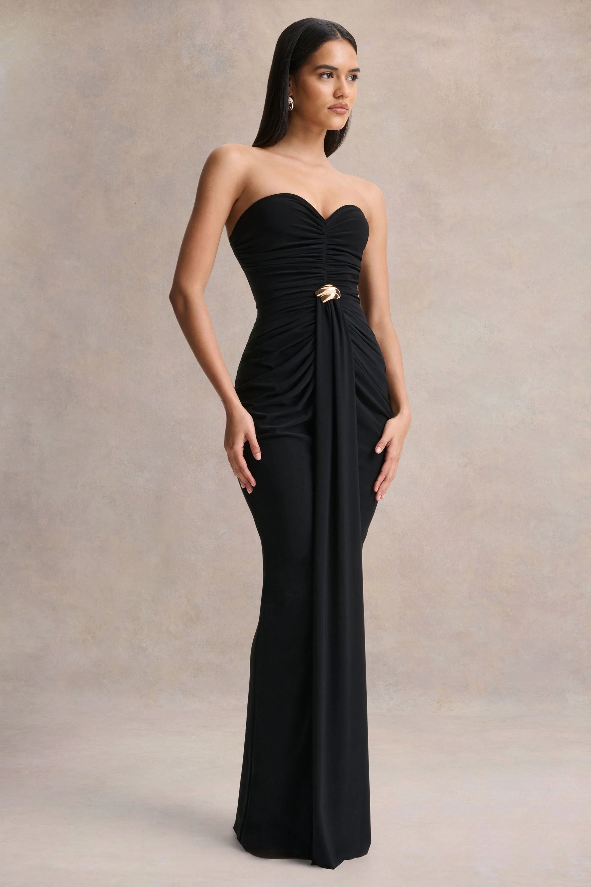 Beverly Black Bandeau Maxi Dress With Gathered Detailing