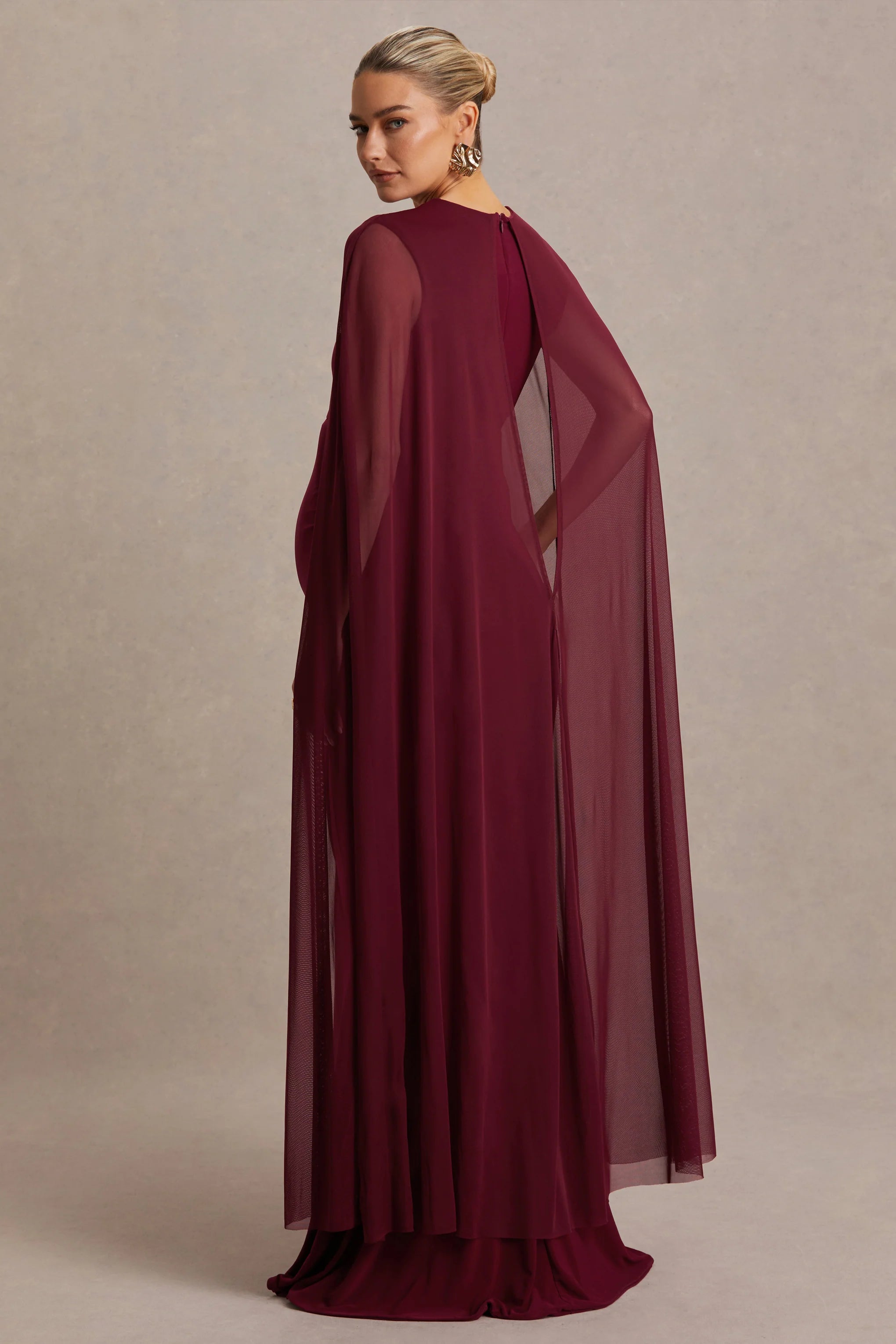 Currant Berry High Neck Maternity Maxi Dress With Cape