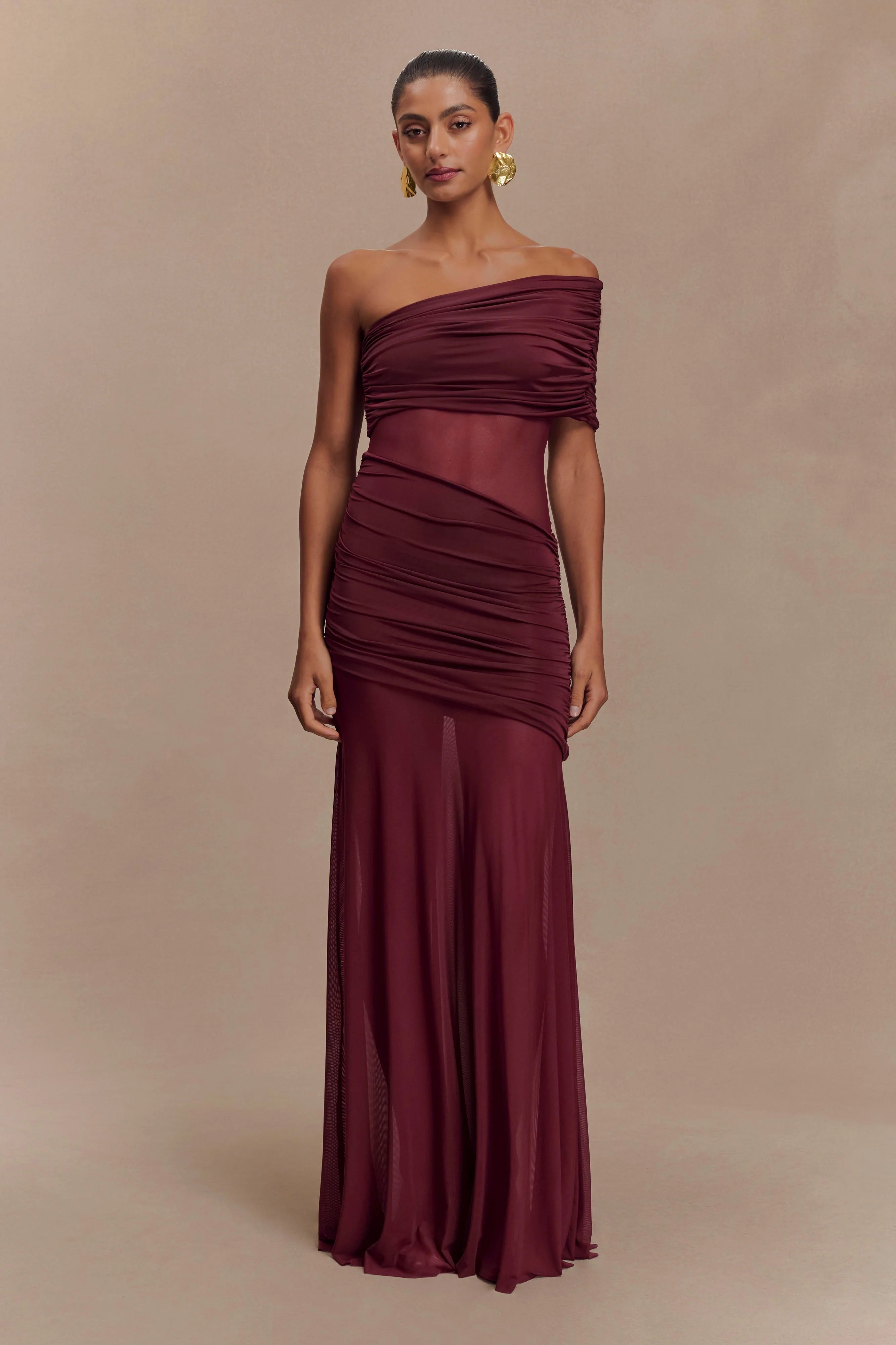 Dallas One Shoulder Mesh Maxi Dress Burgundy