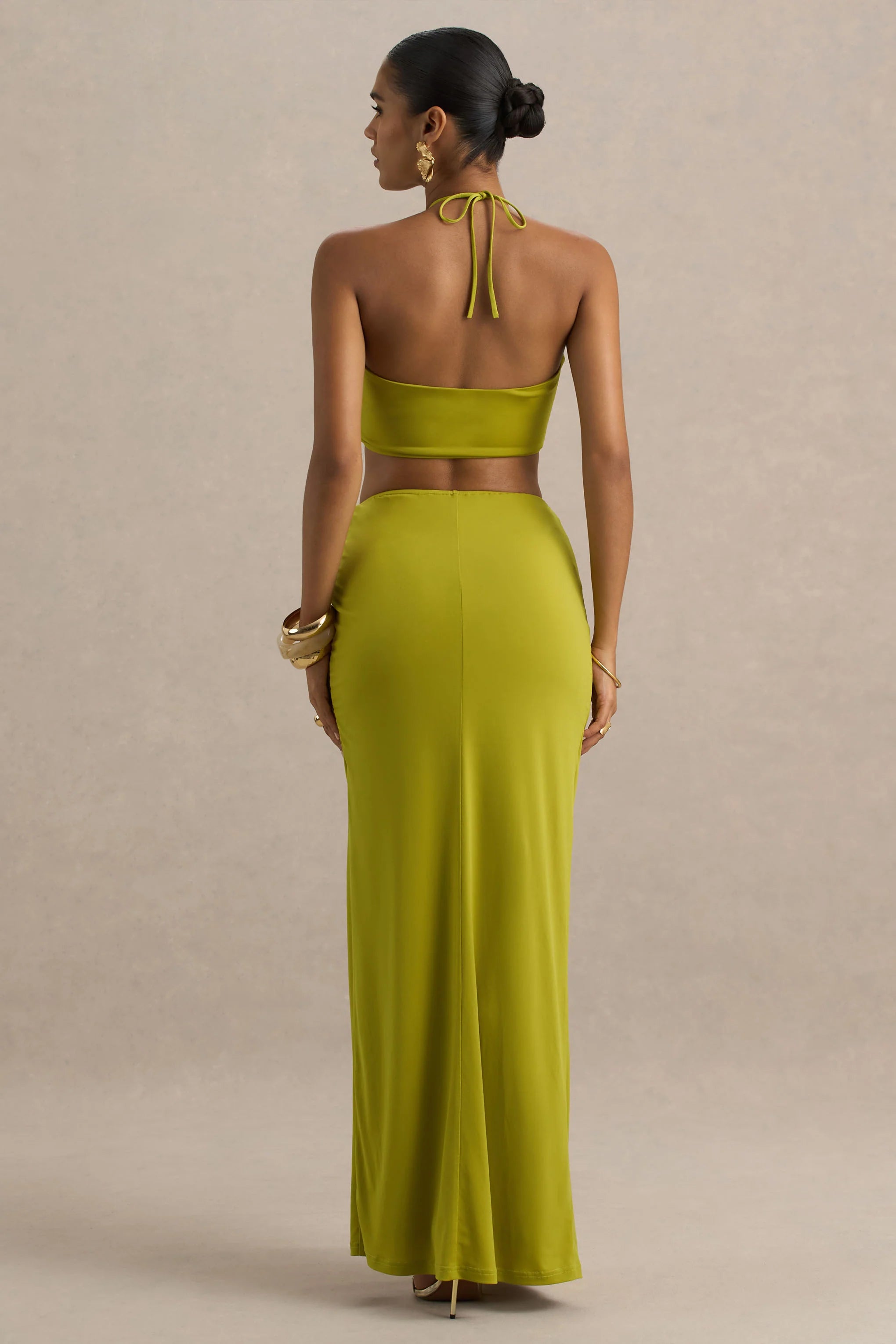Coastline Green Ruched Maxi Skirt With Split