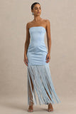 Trinity Powder Blue Satin Bandeau Maxi Dress With Fringe
