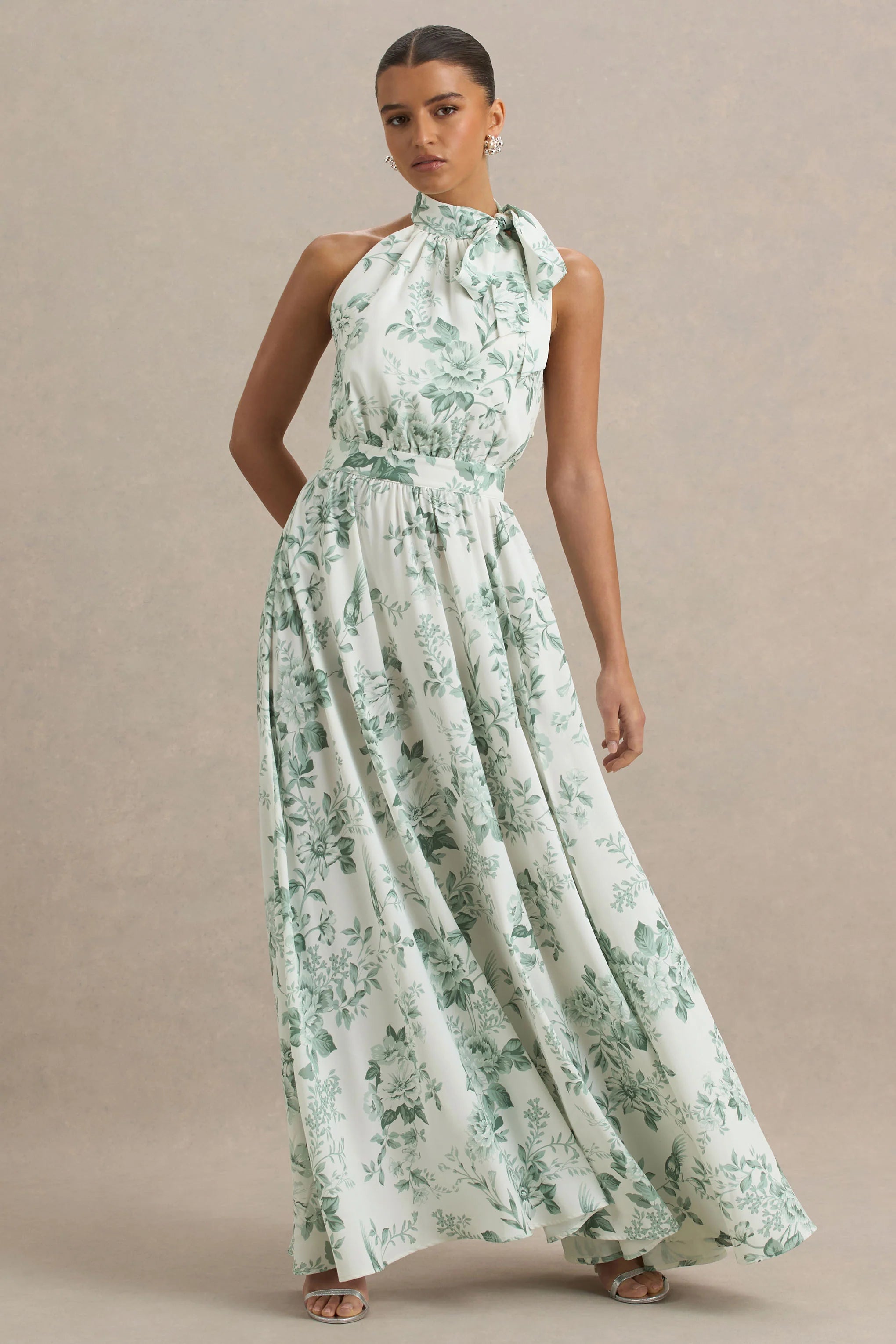Talia Green Floral Print High Neck Maxi Dress With Front High Split