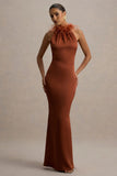 Bianca Rust Satin Feather Trim Maxi Dress
