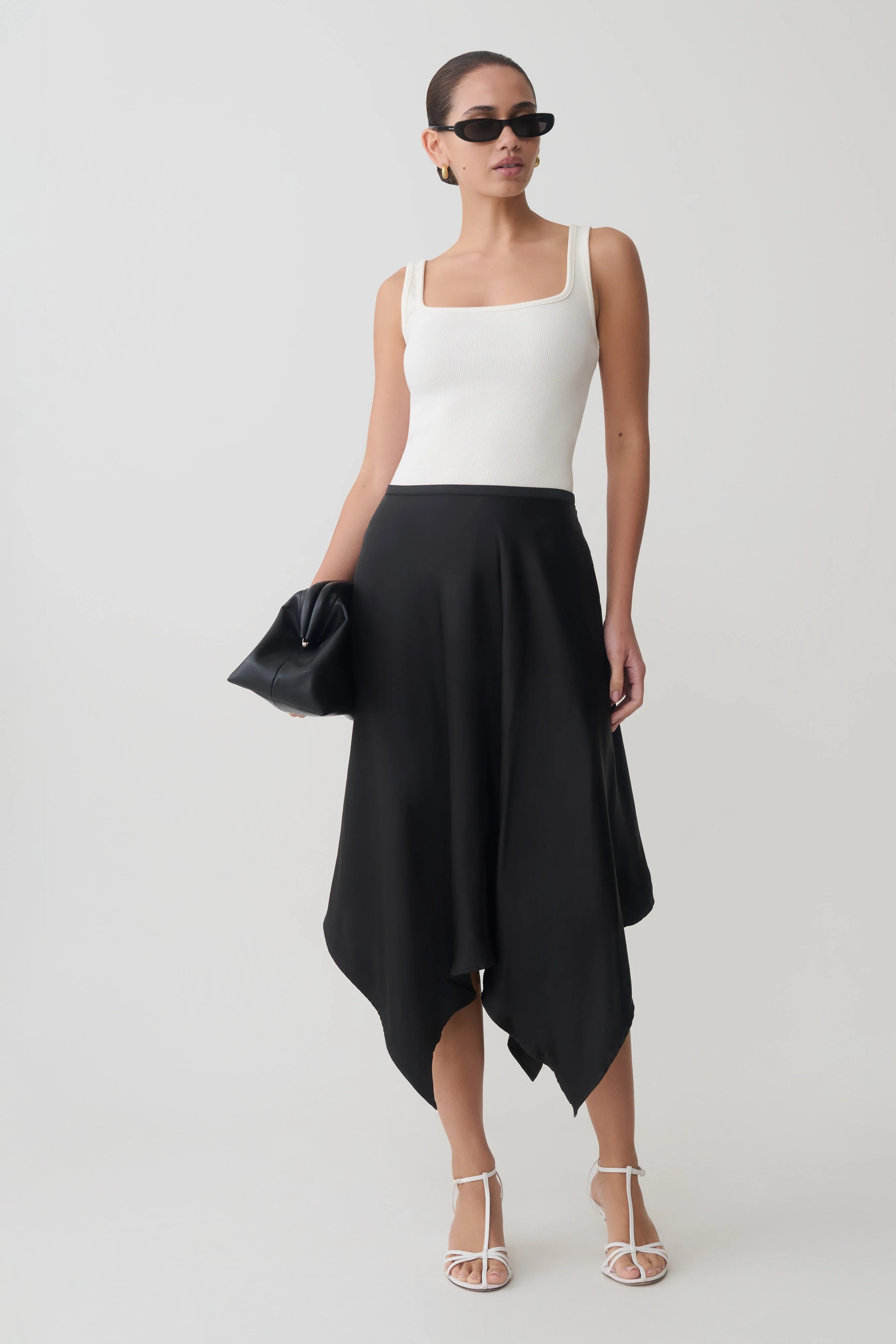 Coralie Asymmetric Satin Midi Skirt Black