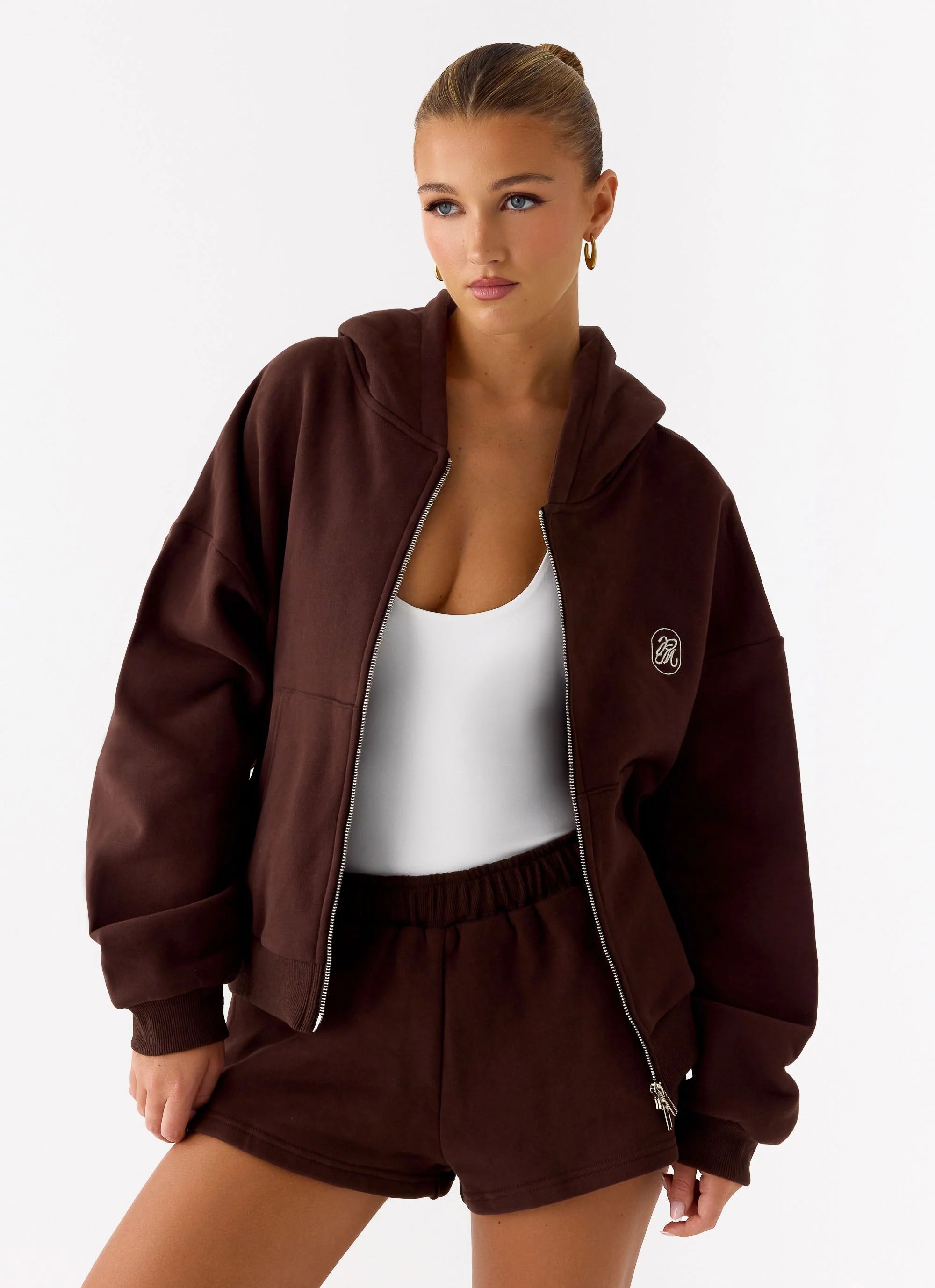 Signature Double Zip Up Hoodie Chocolate