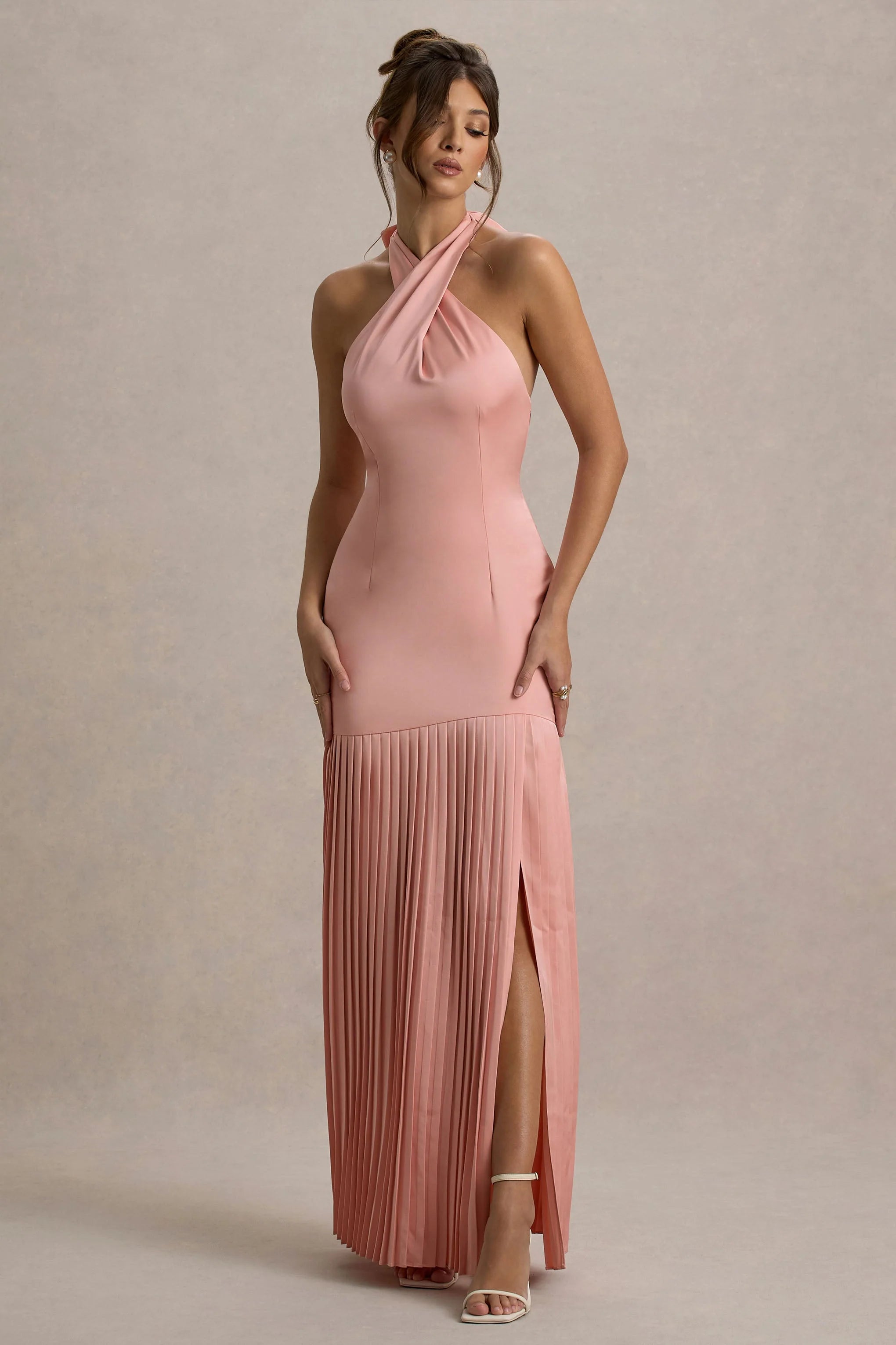 Sansa Light Pink Satin Cross Halter Neck Plisse Maxi Dress