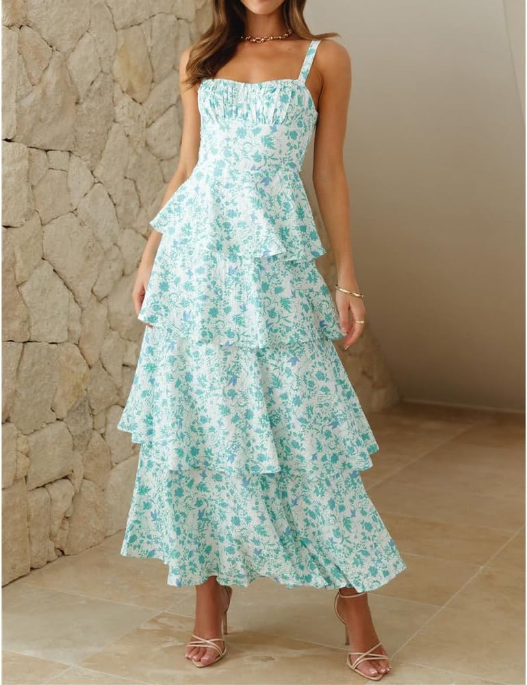 Women Floral Maxi Dress Sleeveless Bow Back Tiered Boho Flowy Long Dresses Summer Fall