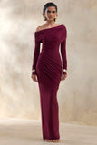Rosirene Burgundy Asymmetric Neck Maxi Dress With Draped Detailing