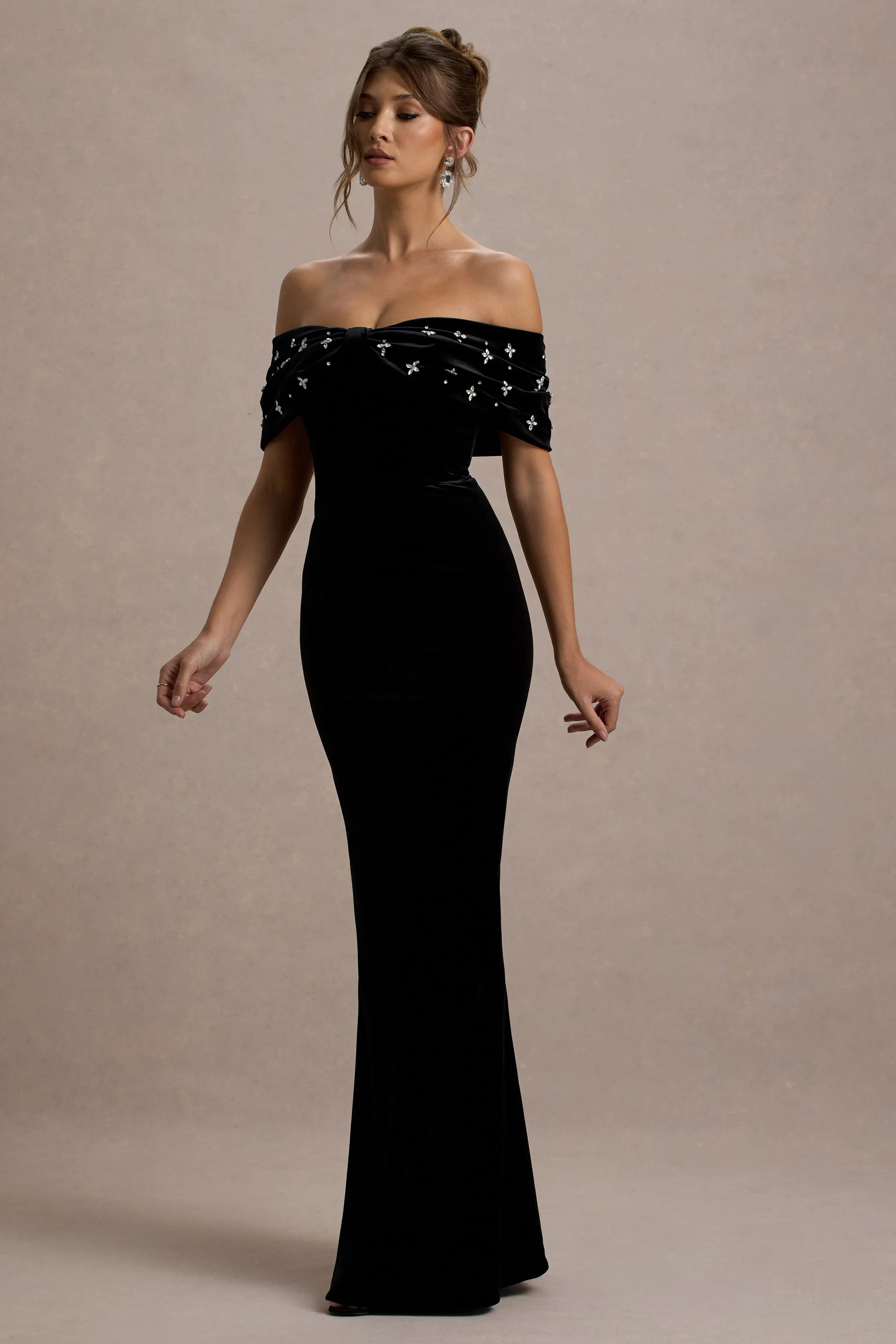 West End Black Velvet Embellished Bardot Maxi Dress