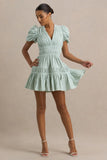 Laurelle Green Extreme Plunge Neck Mini Dress With Ruffling Detail