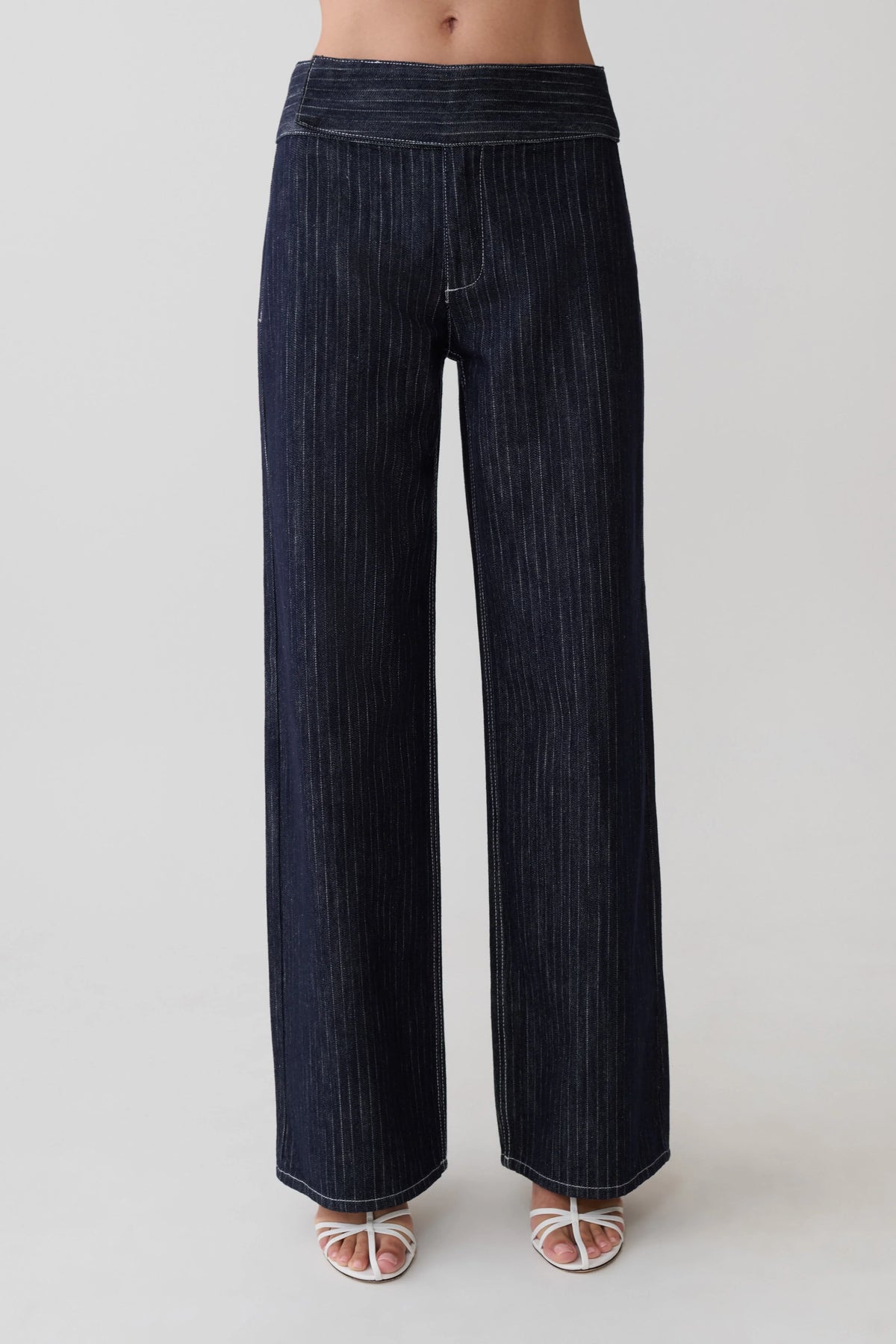 Sienna Flare Mid Rise Denim Jeans Indigo Pinstripe
