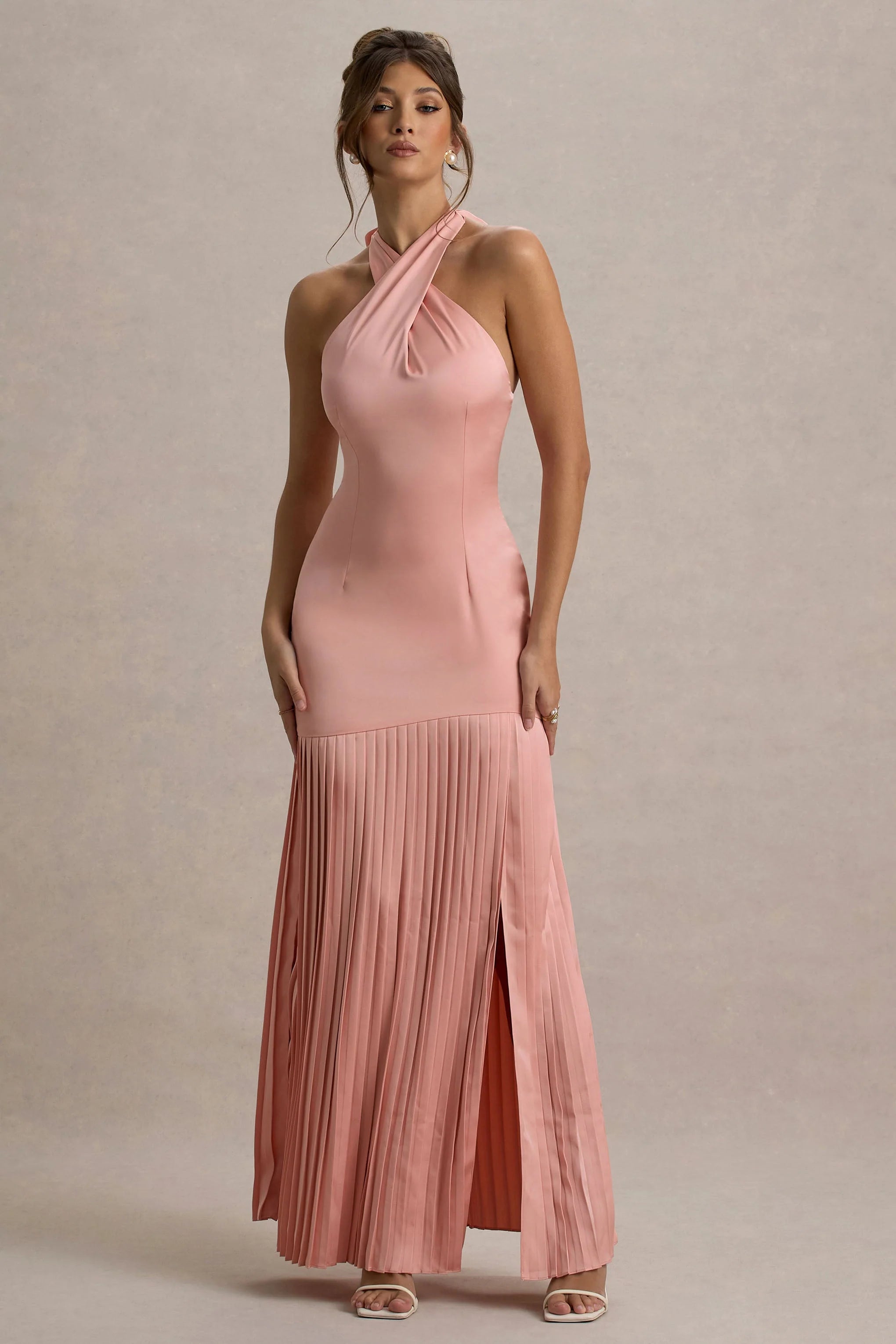 Sansa Light Pink Satin Cross Halter Neck Plisse Maxi Dress