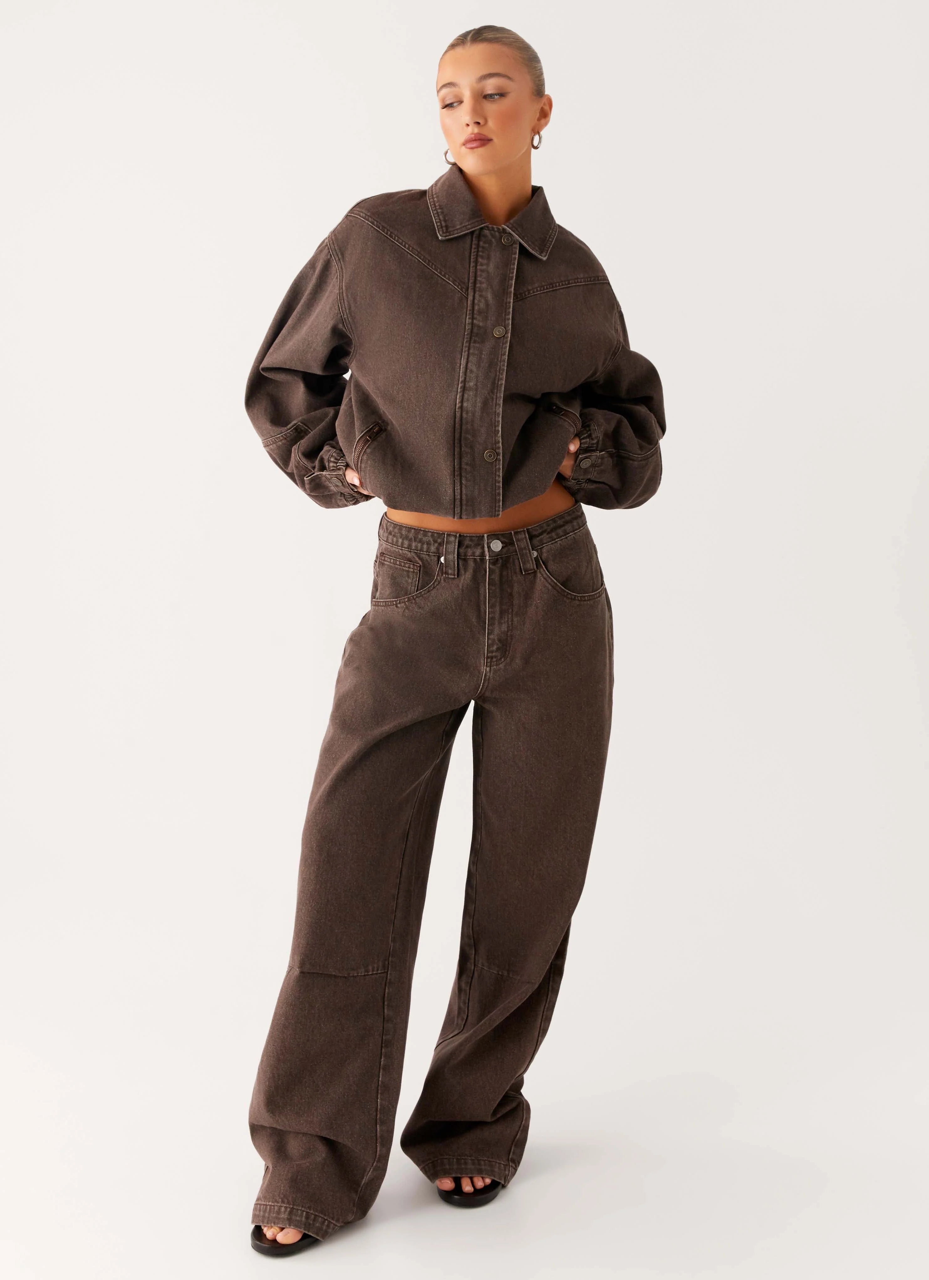 Midwest Washed Denim Bomber Jacket Light Wash Chocolate