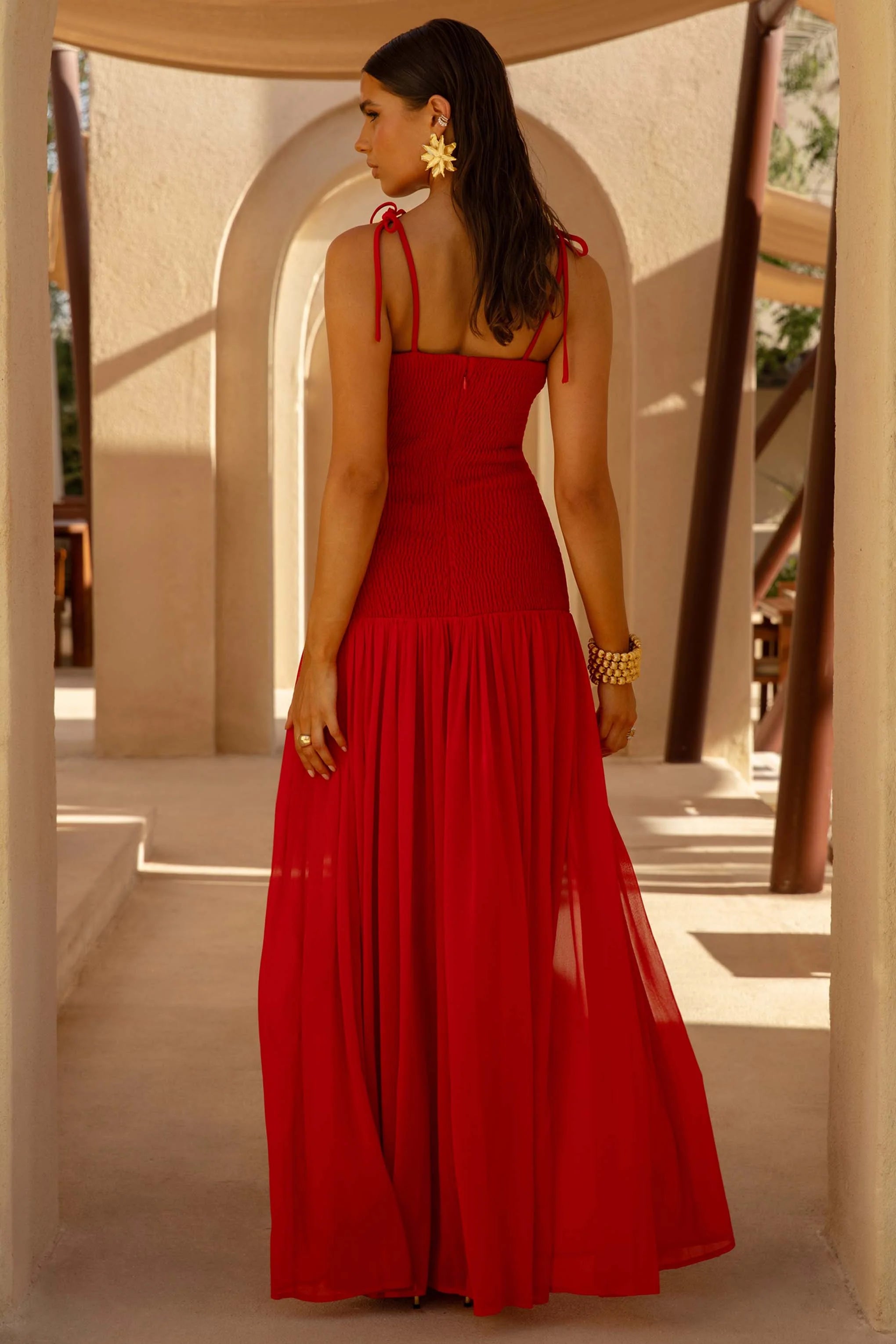 Maeva Red Square Neck Fishtail Maxi Dress With Ruched Detailing