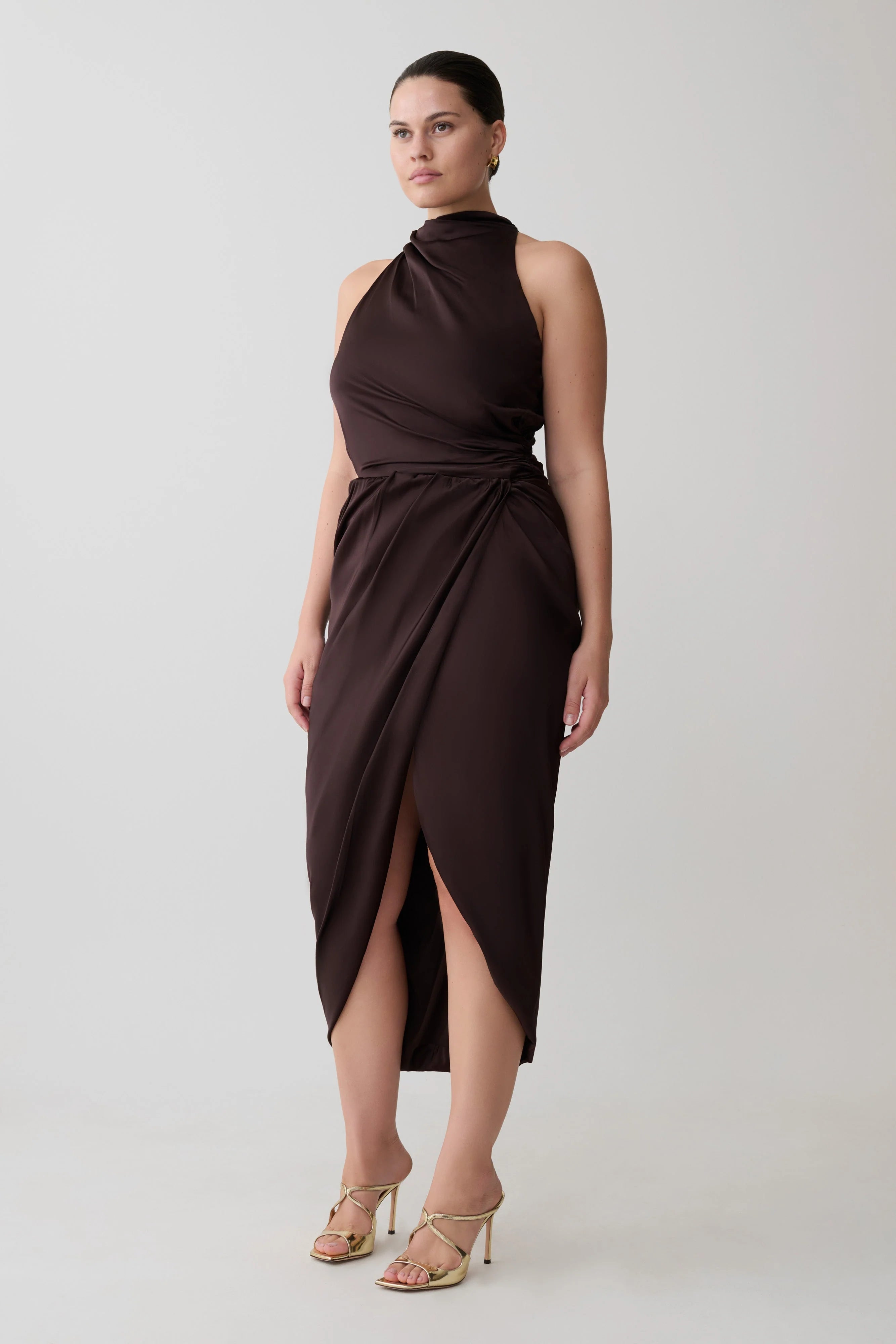 Aveline Draped Halter Midi Dress Dark Chocolate
