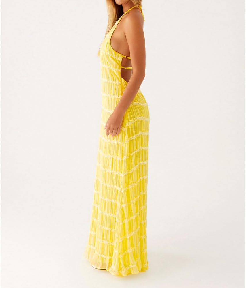 Women Backless Dress Sleeveless Textured Halter Open Back Maxi Dresses Vacation Wedding Guest