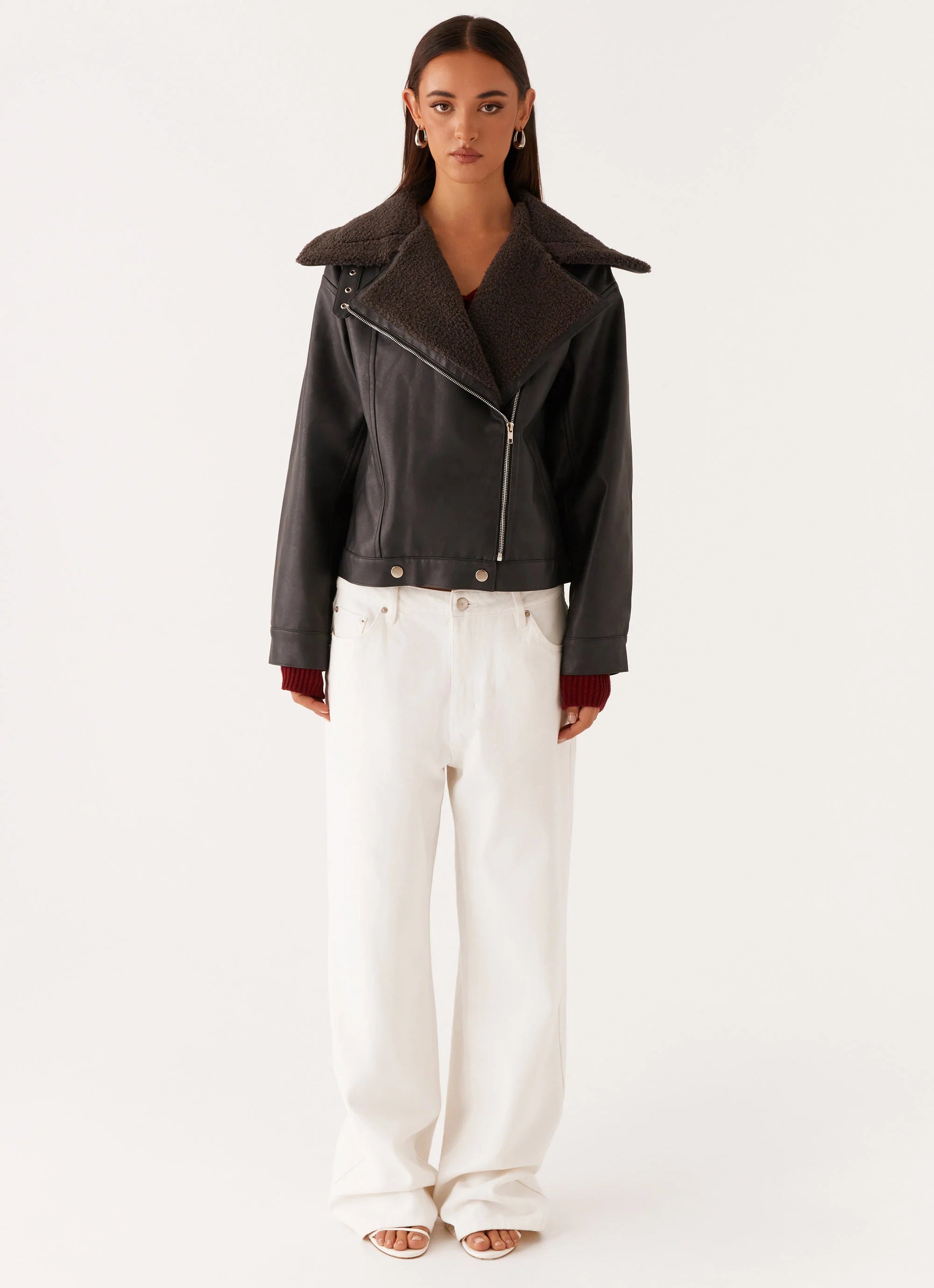 Inka PU Leather Shearling Jacket Charcoal