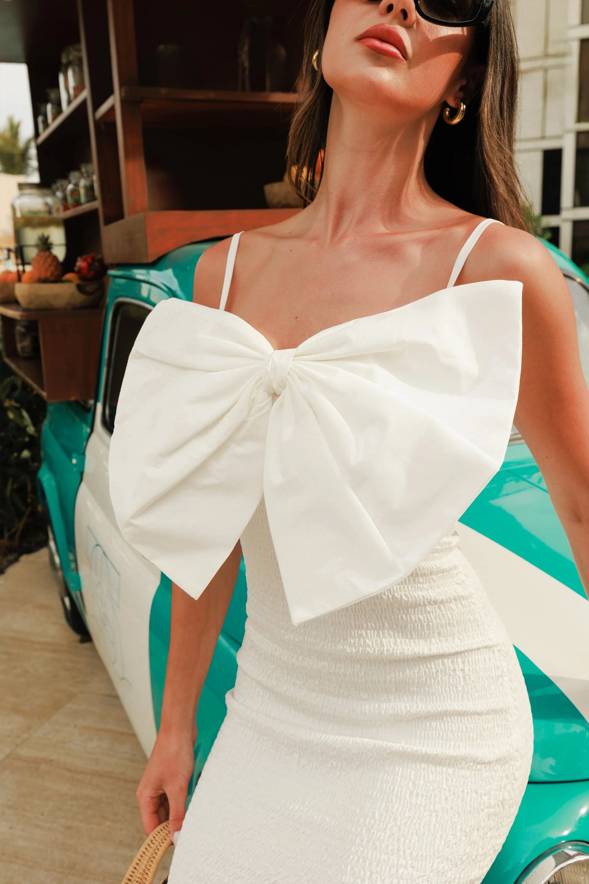 Love Poem White Bodycon Midi Dress With Oversized Bow