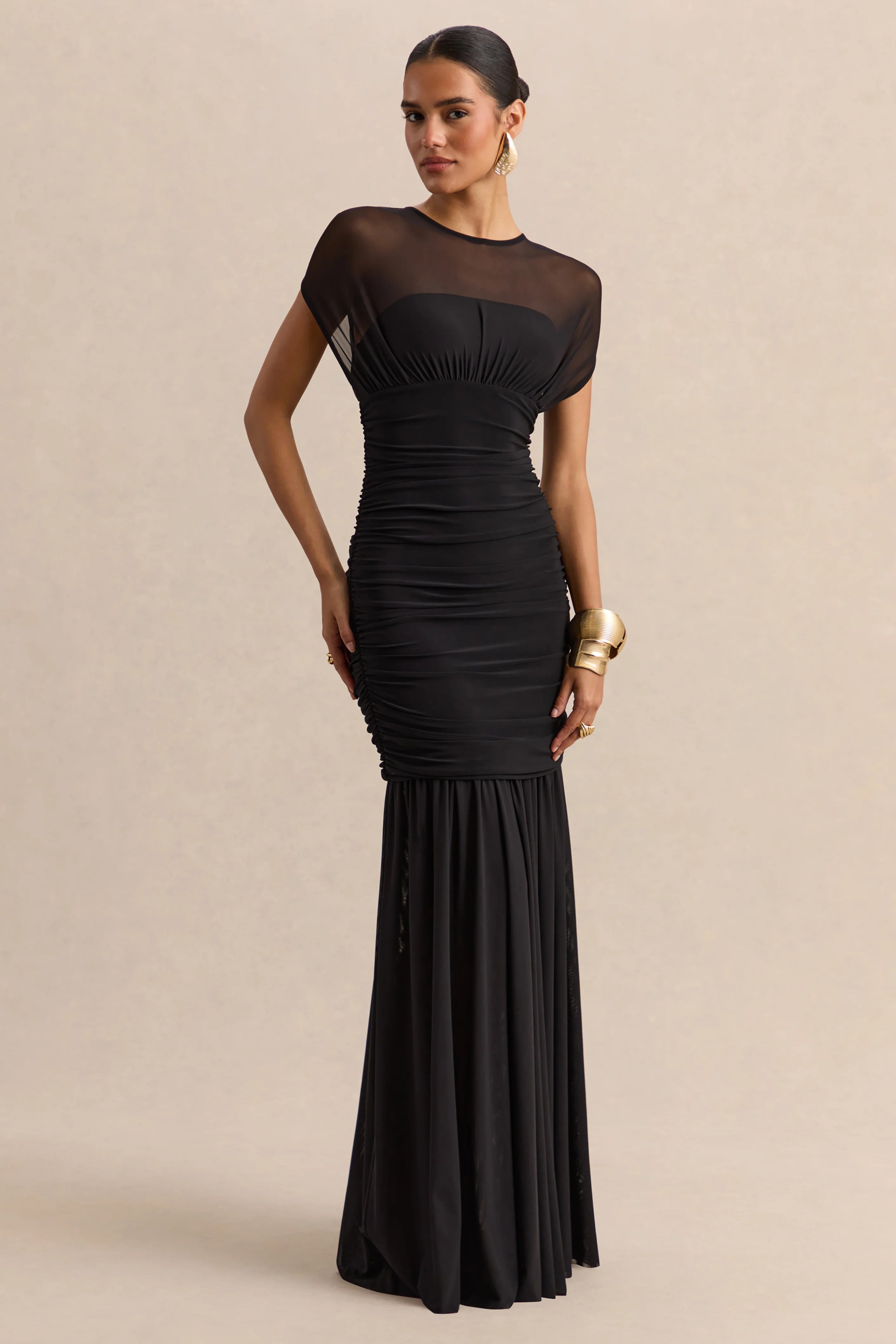Kalene Black Wide Neck Maxi Dress With Sheer Detailing