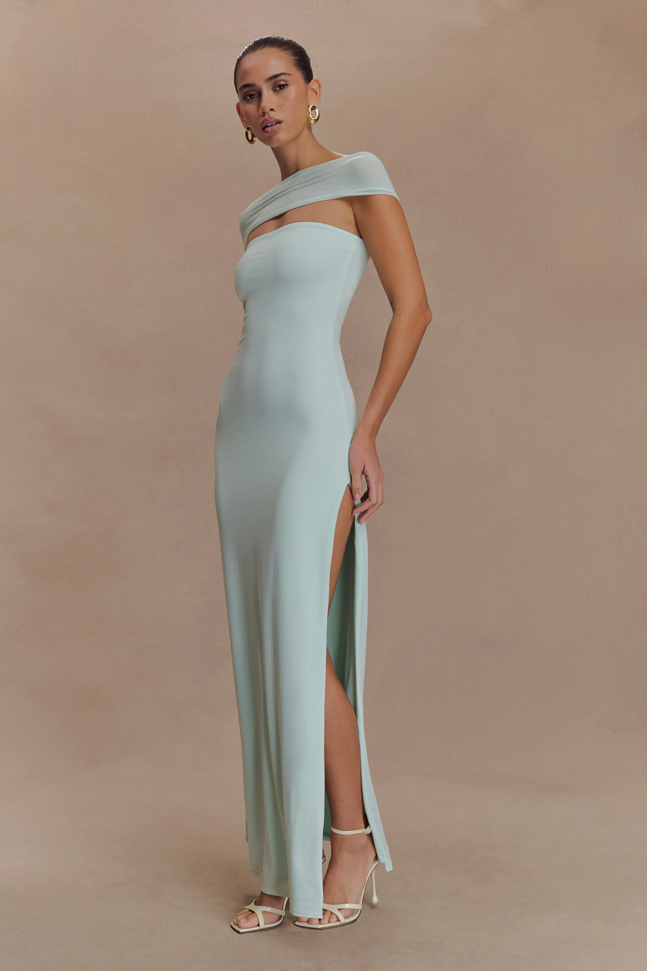 Aurora Slinky And Mesh Split Maxi Dress Lagoon