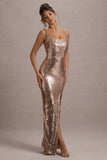 High Life Rose Gold Sequin Square Neck Split Front Maxi Dress