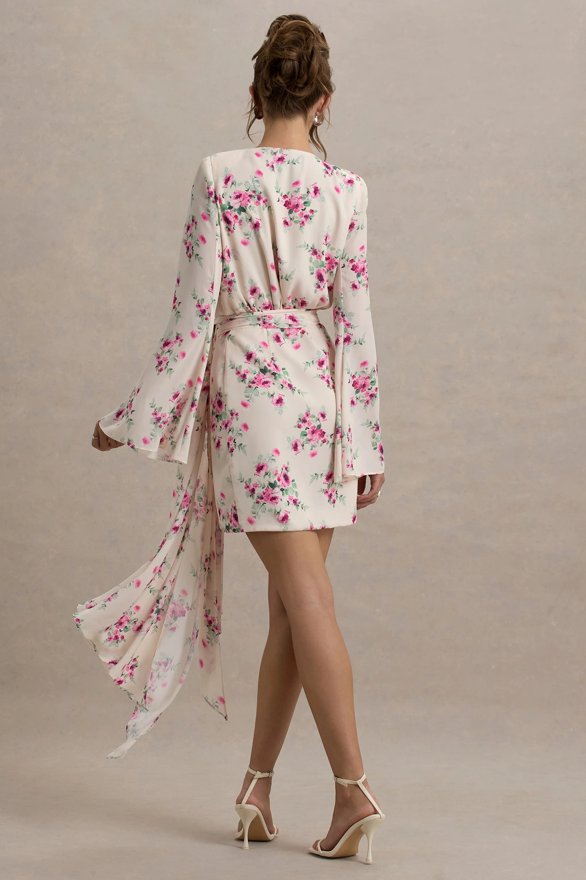 Goldie Cream Floral Print Chiffon Long Sleeve Wrap Mini Dress