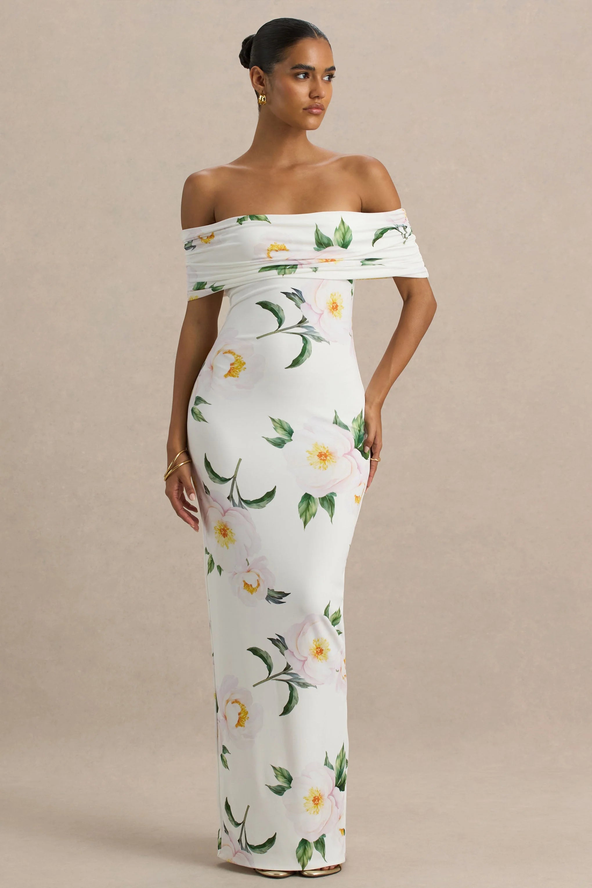 Capri White Rose Print Bardot Neck Maxi Dress With Ruched Detailing