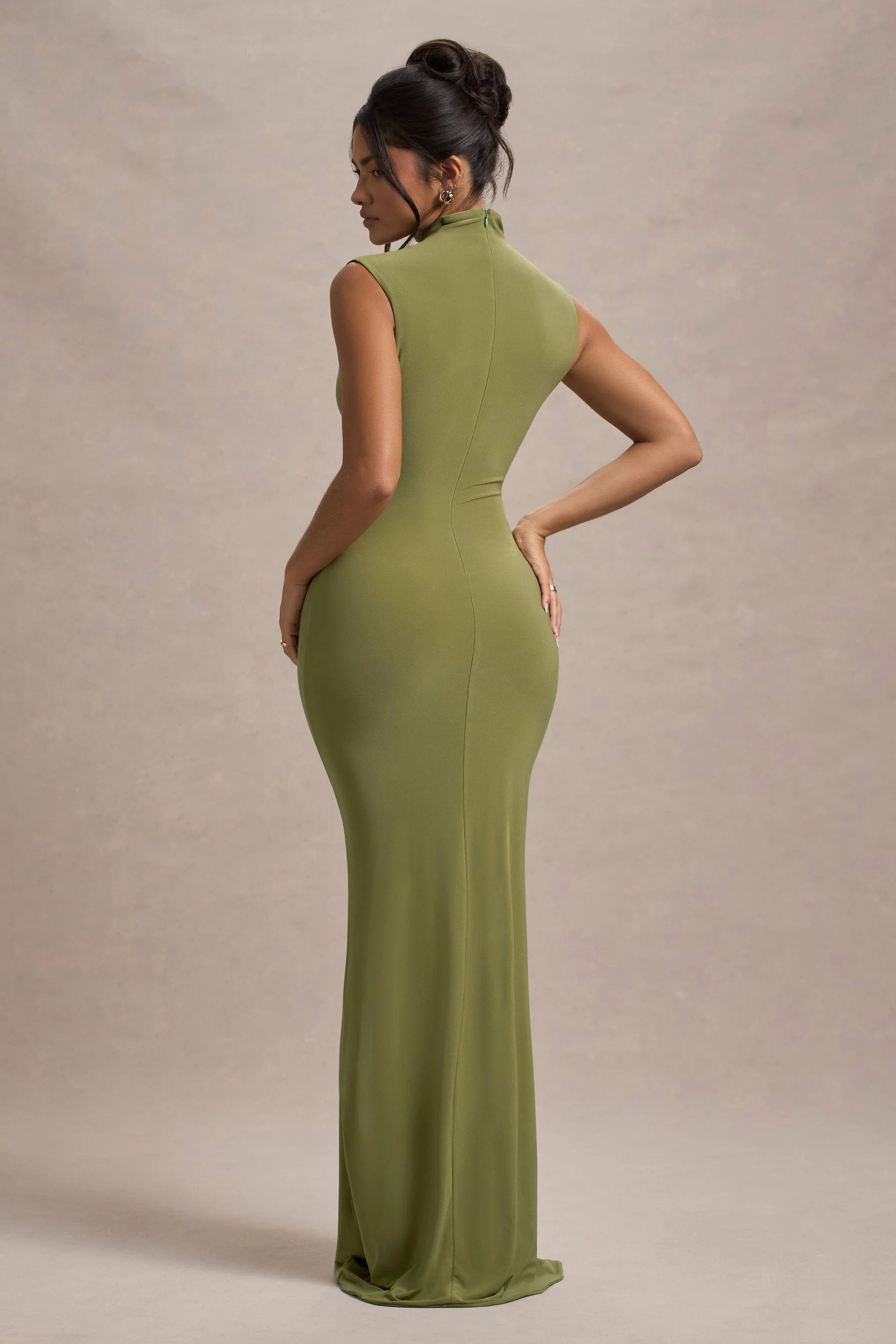 Lanetta Olive Ruched High Neck Maxi Dress With Split