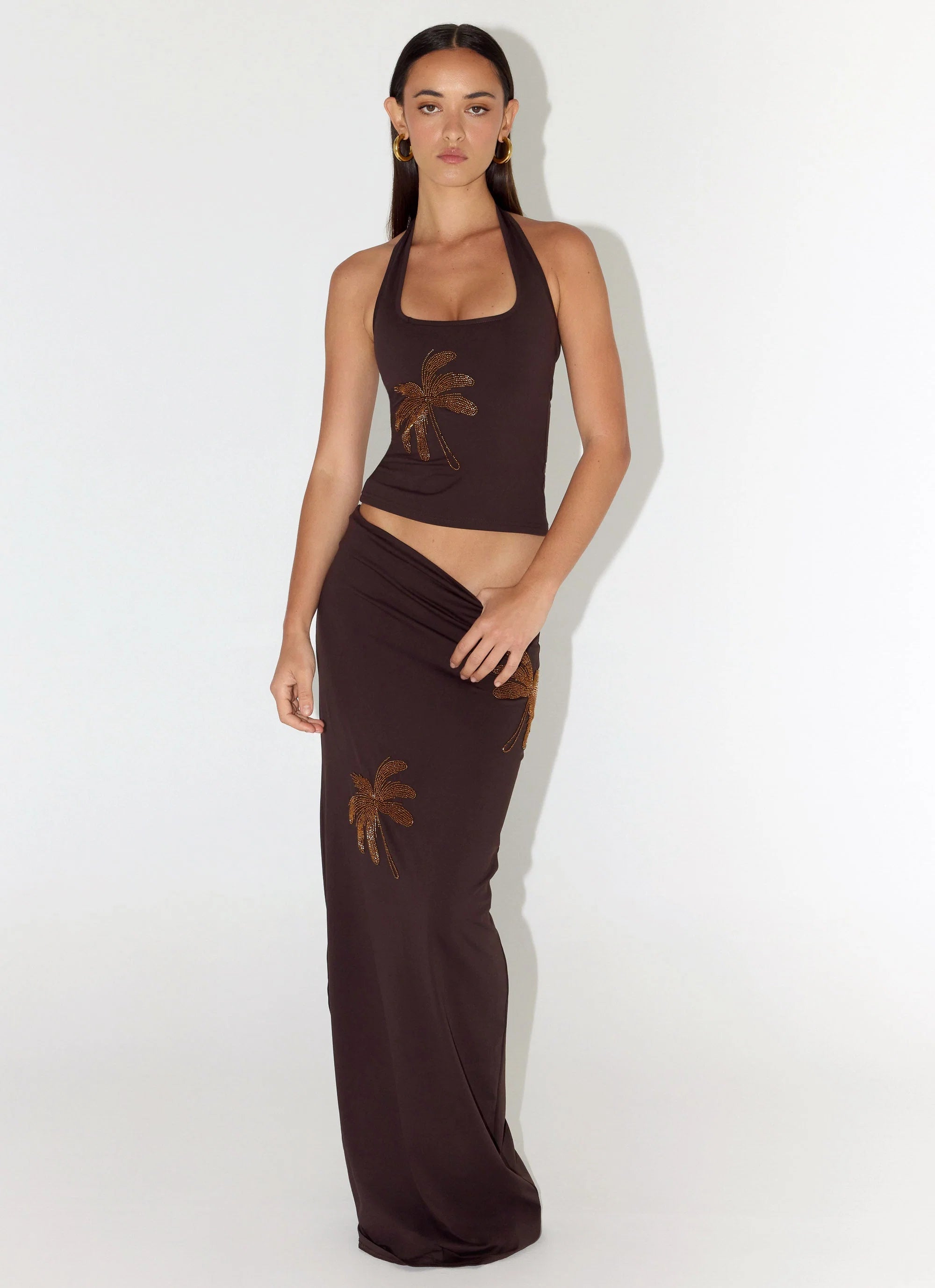 Brienne Beaded Halter Top Chocolate