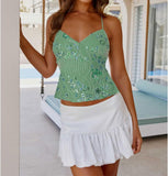 Women Sequin Beaded Cami Top V Neck Backless Criss Cross Straps Crop Tops Summer Going Out Clubwear