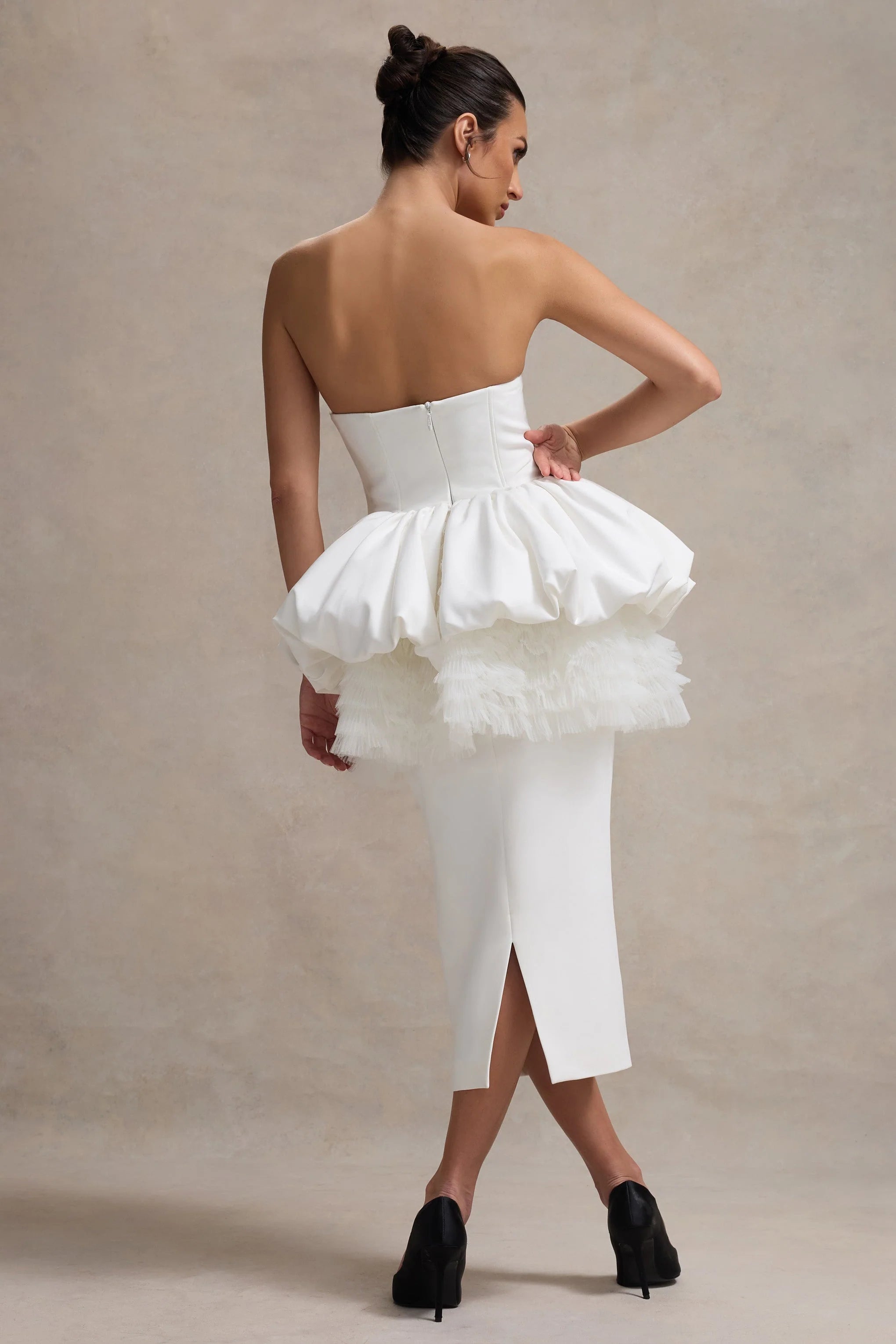Jones White Strapless Midi Dress With Tulle Peplum Waist