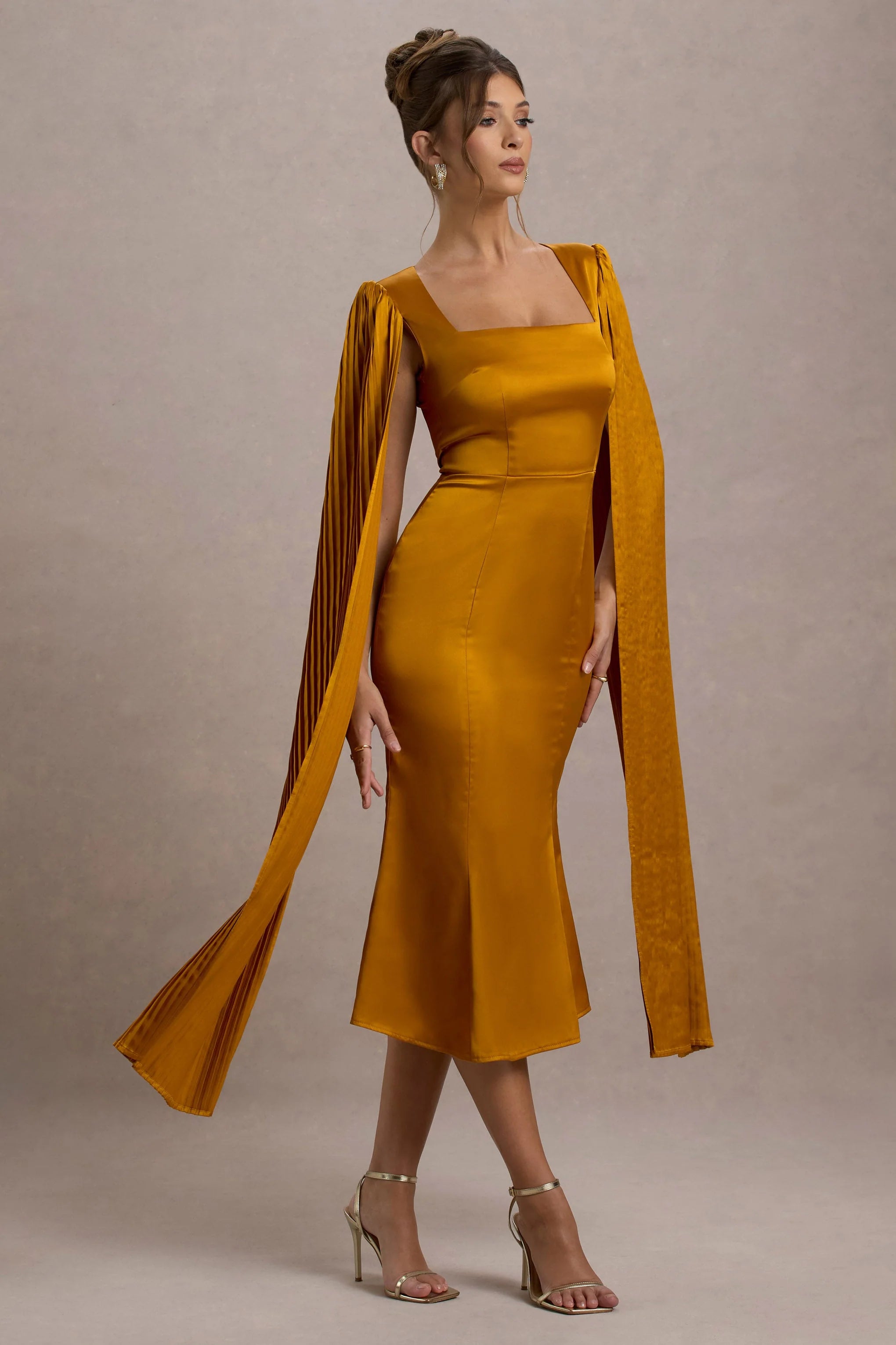 Nalda Mustard Square Neck Midi Dress With Cape Sleeves